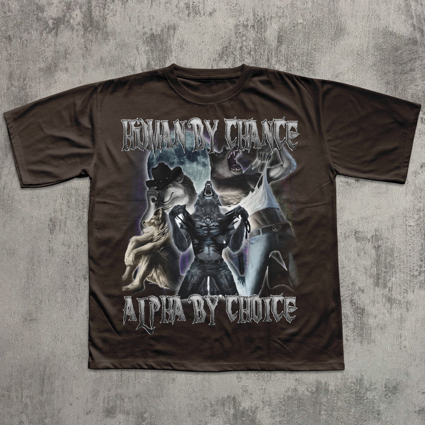 Brown t-shirt with graphic design and text on a textured gray background