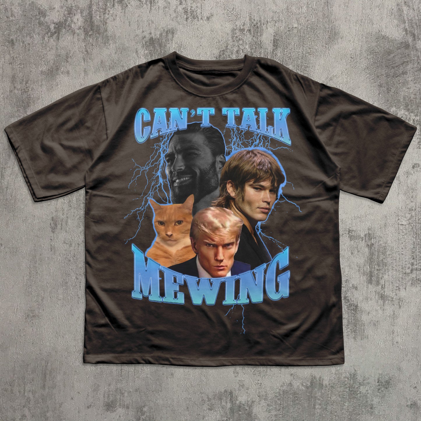 Black t-shirt with graphic design of a cat, a person, and another person with text 'CAN'T TALK MEOWING' on a concrete surface.