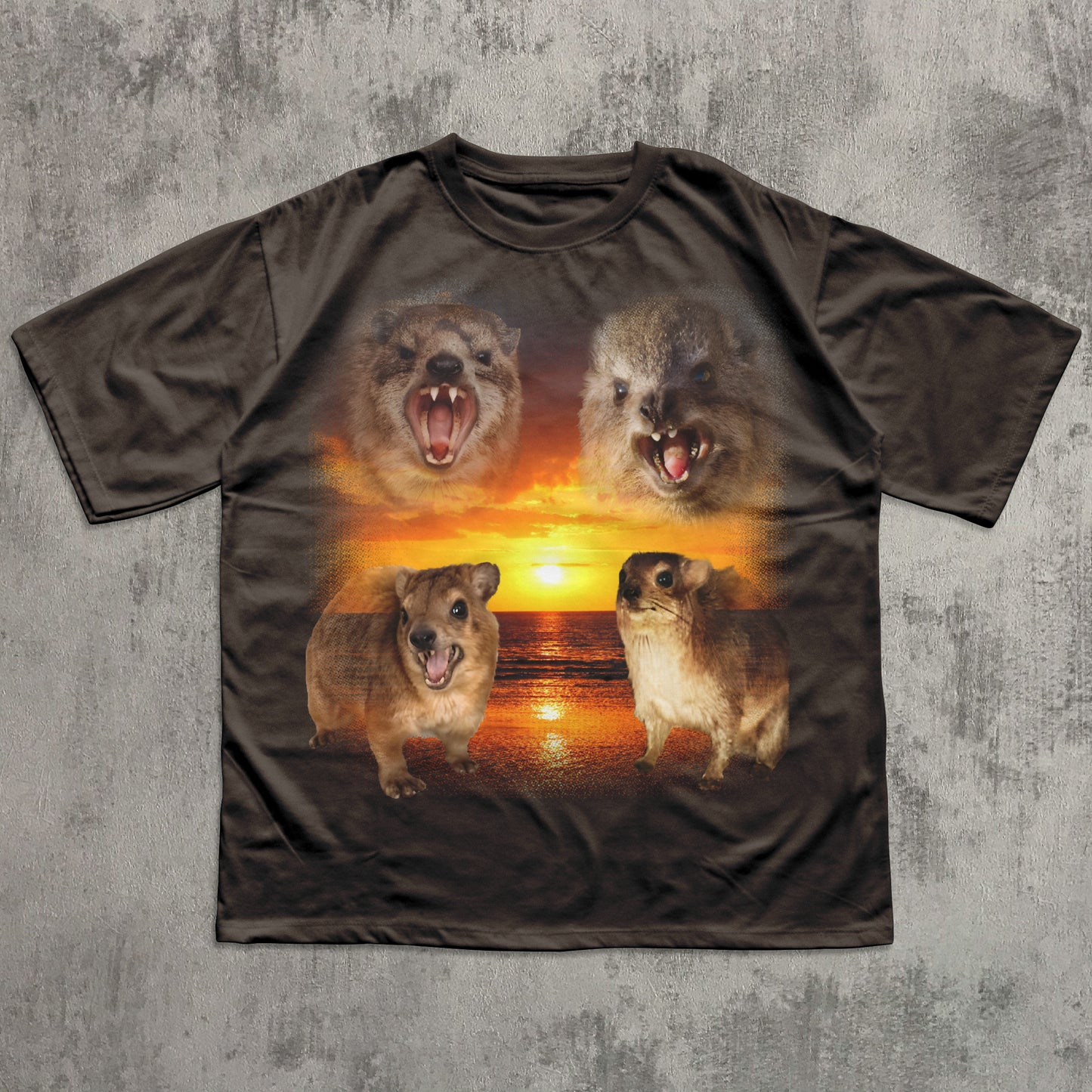 T-shirt with four animals and a sunset design on a textured gray background