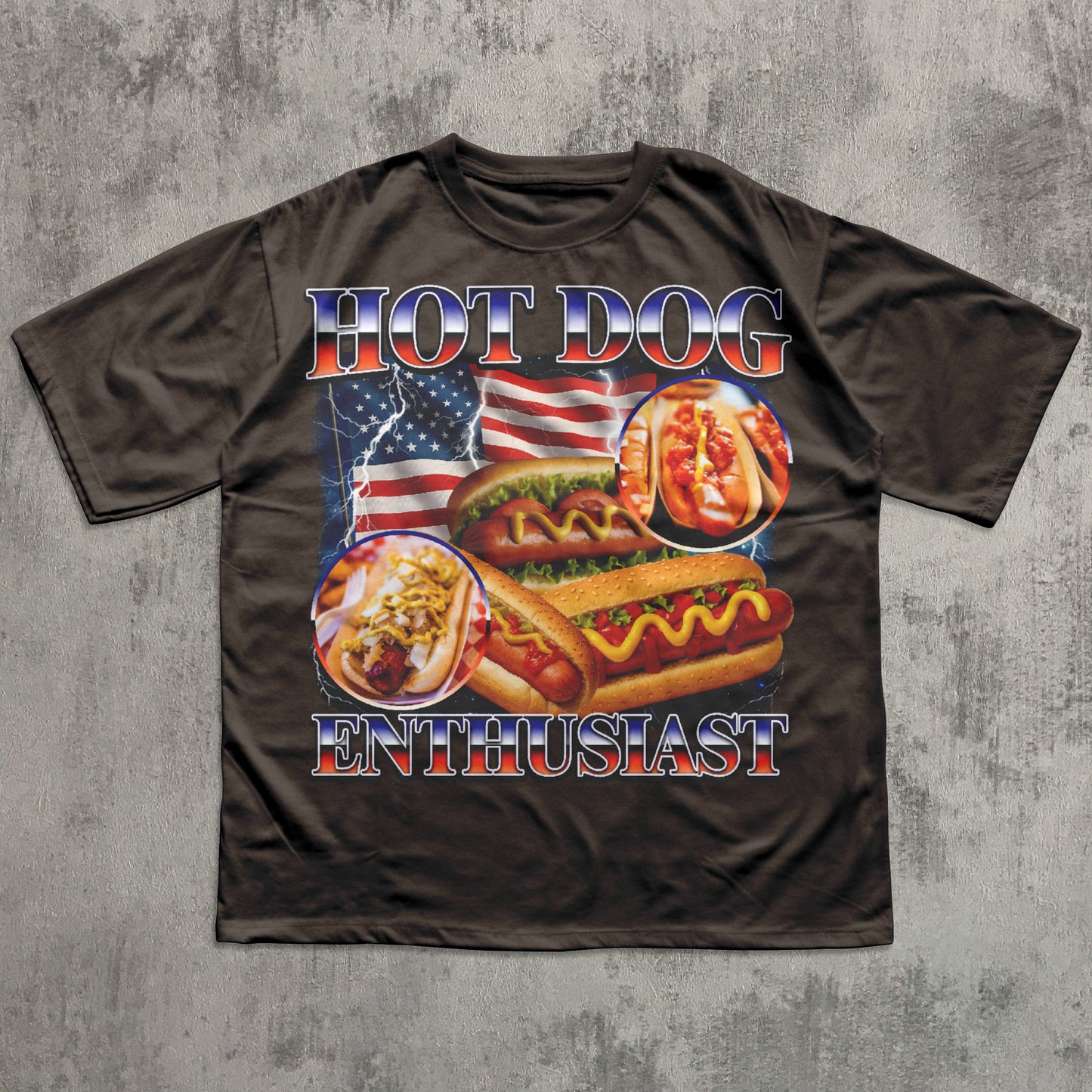 Brown t-shirt with hot dog graphic and 'Hot Dog Enthusiast' text on a textured gray background