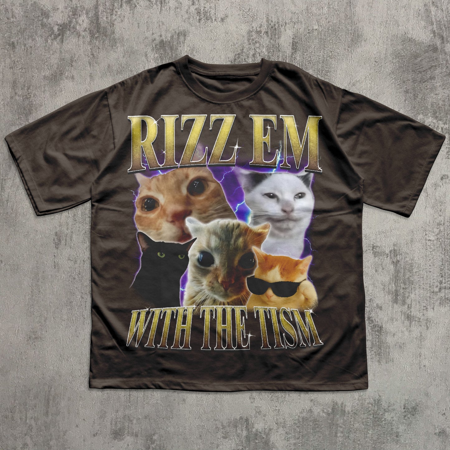 Rizz Em With The Tism Vintage Graphic Tee, Retro 90s Funny Cat Meme Shirt, Weird Shirts