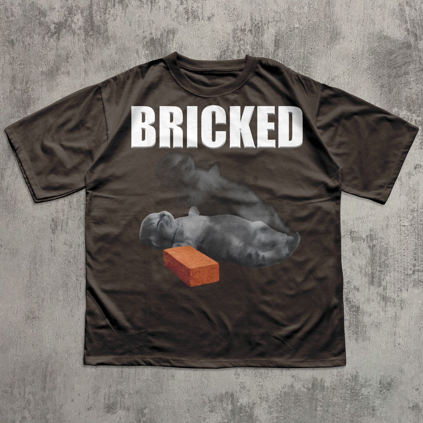 Brown t-shirt with 'BRICKED' text and graphic of a Cat and brick on a textured gray background