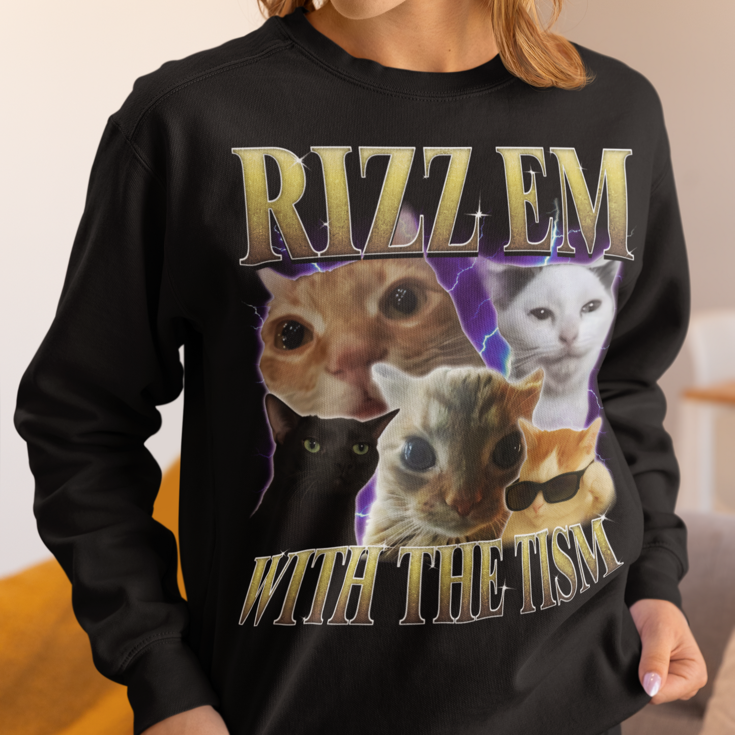 Rizz Em With The Tism Funny Cats Sweatshirt, Meme Sweater, Silly Cat Sweatshirts, Ugly Sweaters