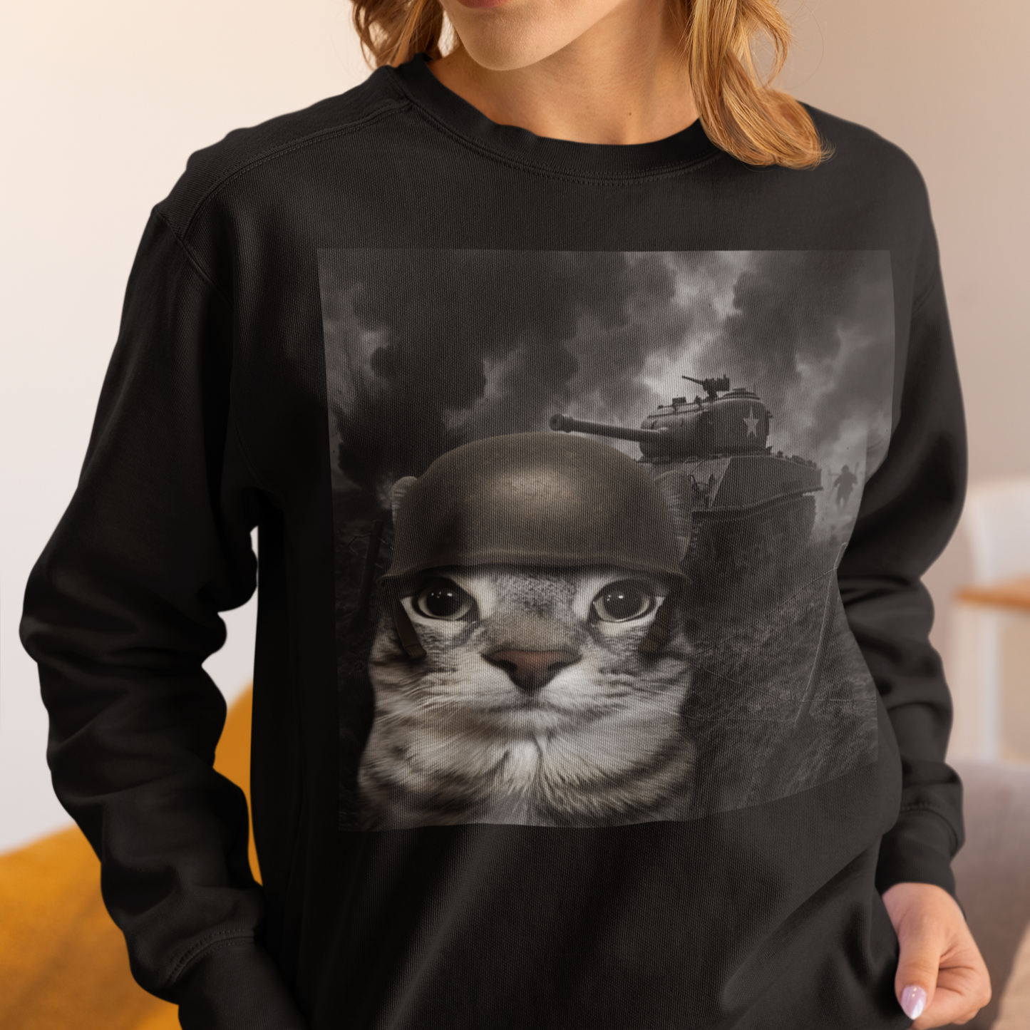 Cat in Battlefield Funny Meme Sweatshirt, Stupid Gifts, Silly Cats Sweater, Kitten Soldier Sweatshirts, Weird Tops, Ugly Sweaters, Cat Lover