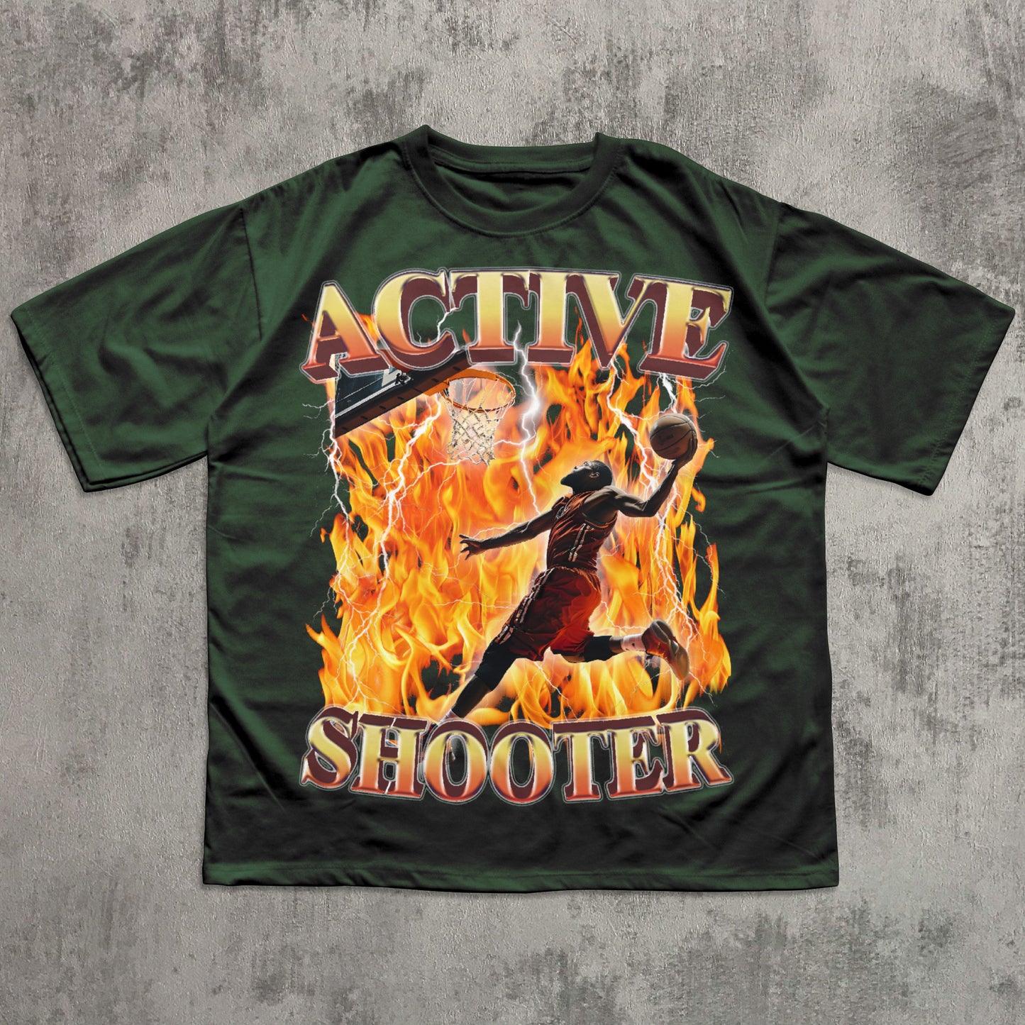 Funny green t-shirt with 'Active Shooter' graphic design on a textured gray background