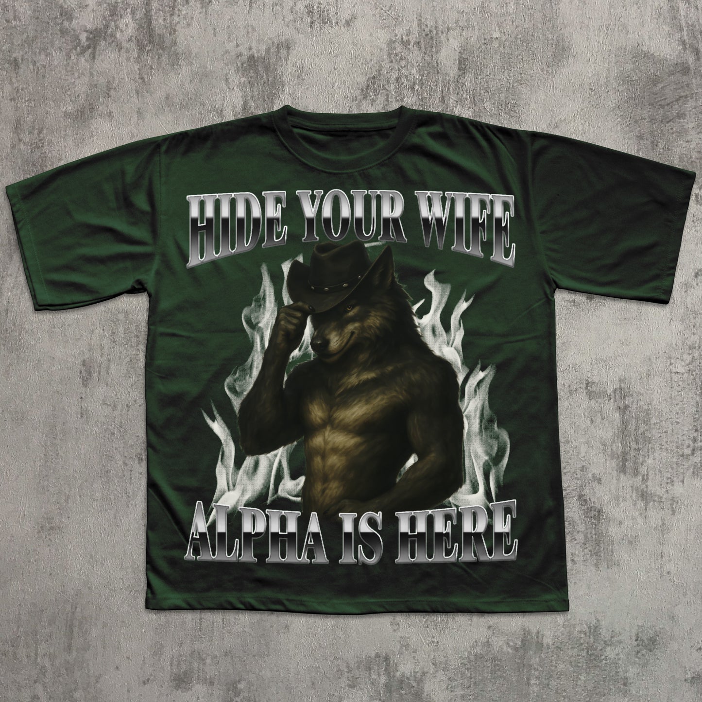 Green t-shirt with graphic design and text on a textured gray background