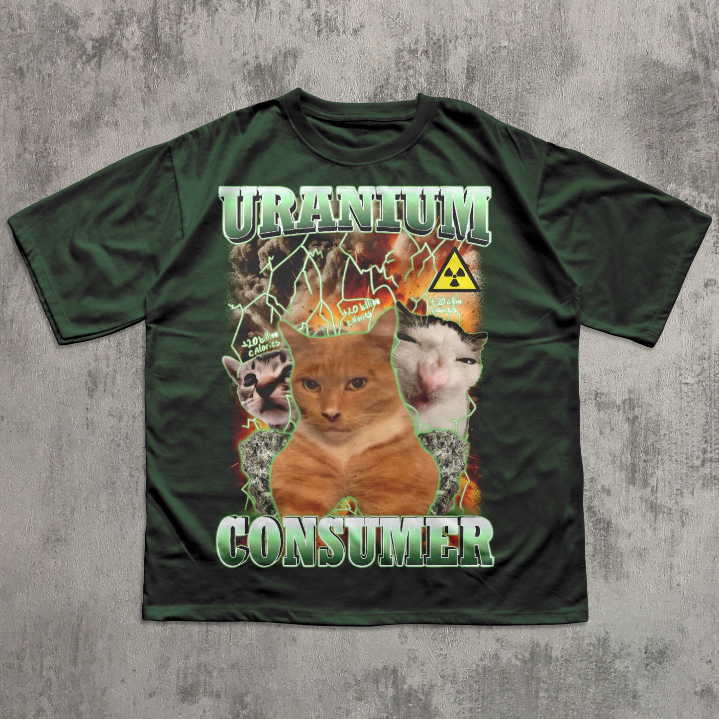 Green t-shirt with a graphic design featuring a fox and text on a concrete background