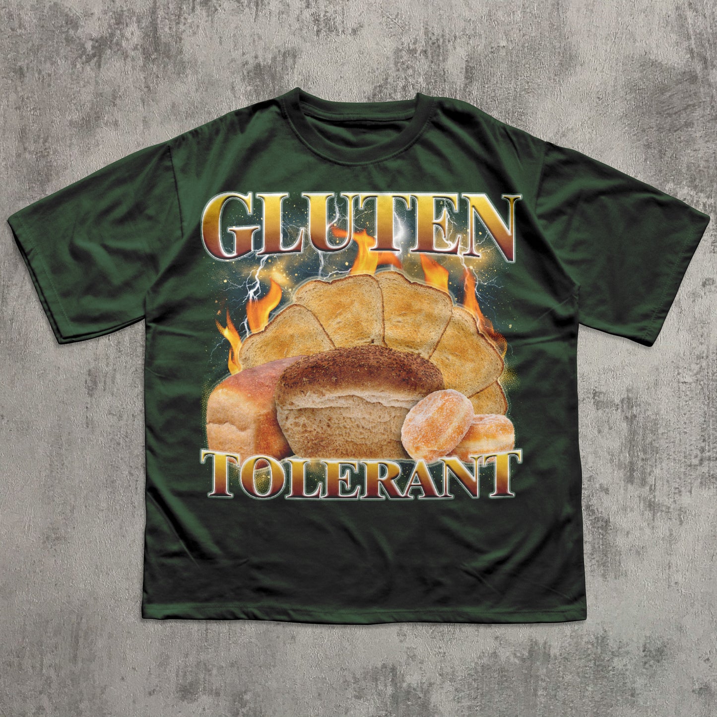 Funny Green t-shirt with bread graphic and 'GLUTEN TOLERANT' text on a textured gray background