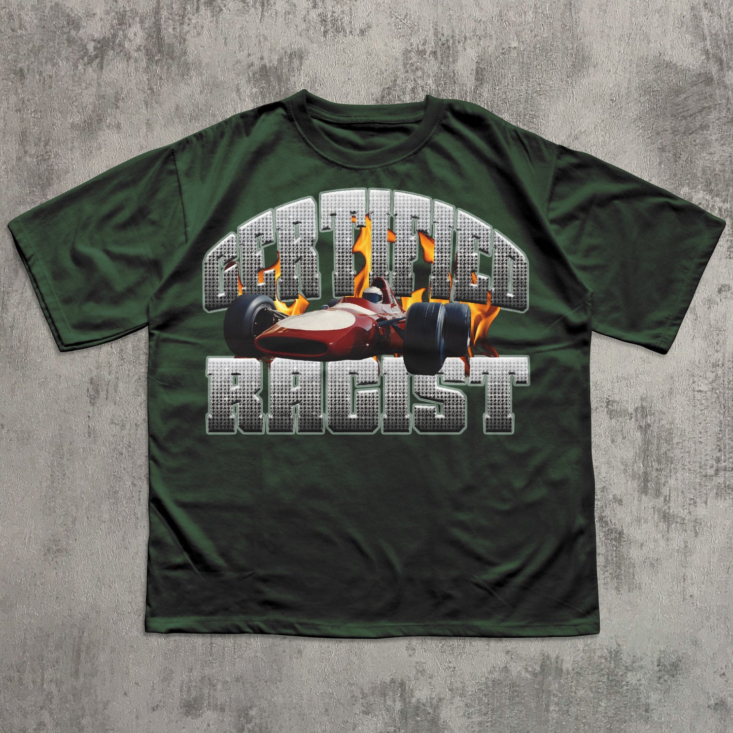 Green t-shirt with a graphic design of a race car and text on a concrete background