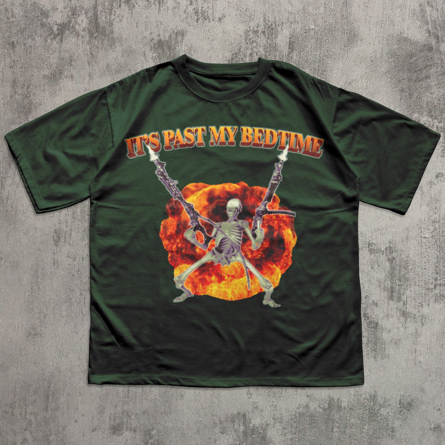 Funny Green t-shirt with skeleton design and 'It's Past My Bedtime' text on a concrete background