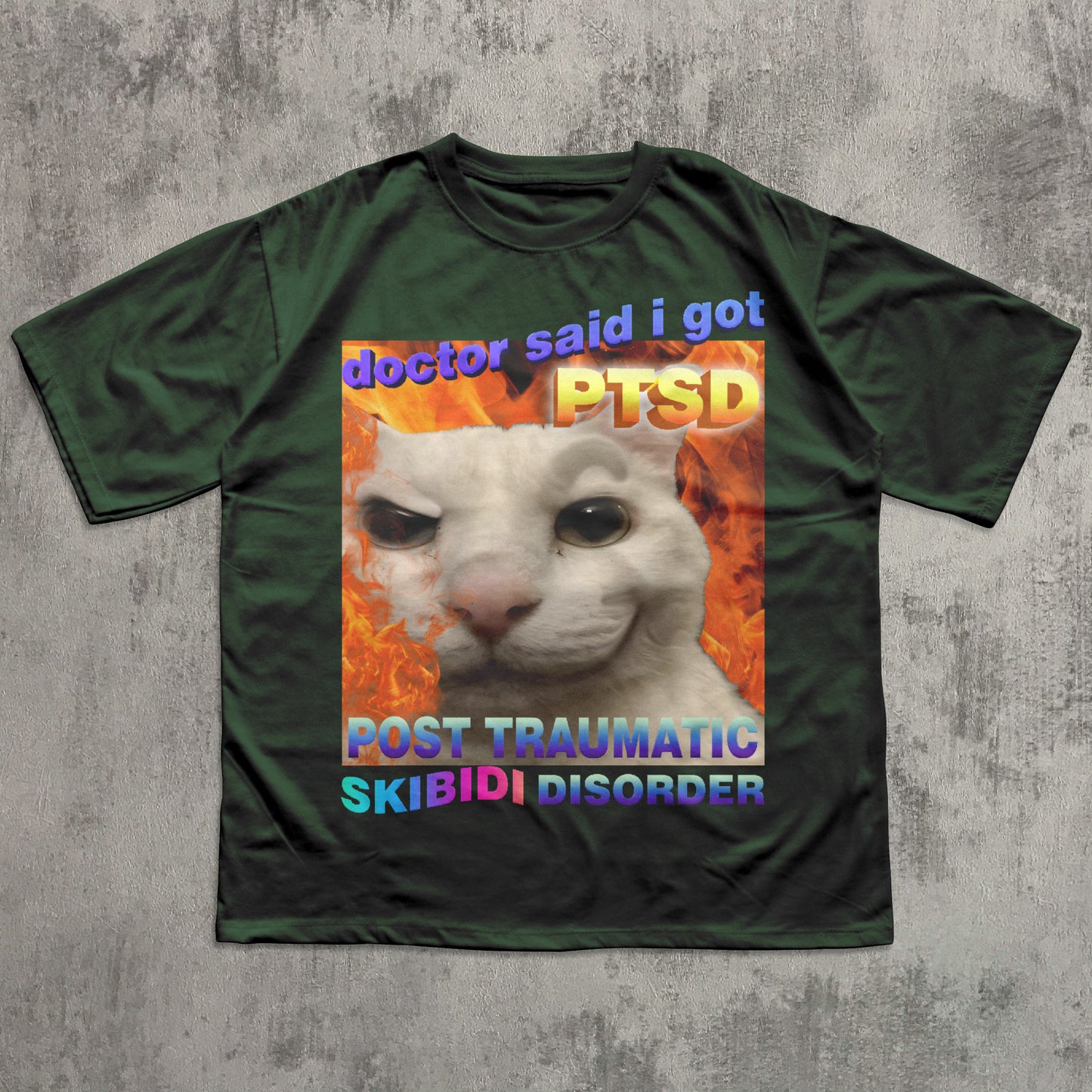 Funny skibidi Green t-shirt with a graphic of a cat and text on a textured gray background