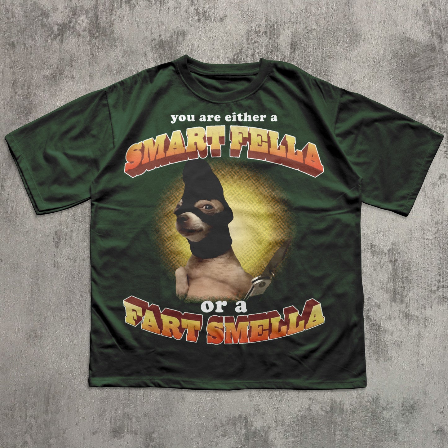 Green t-shirt with a graphic of a dog wearing a mask and text on a gray textured background