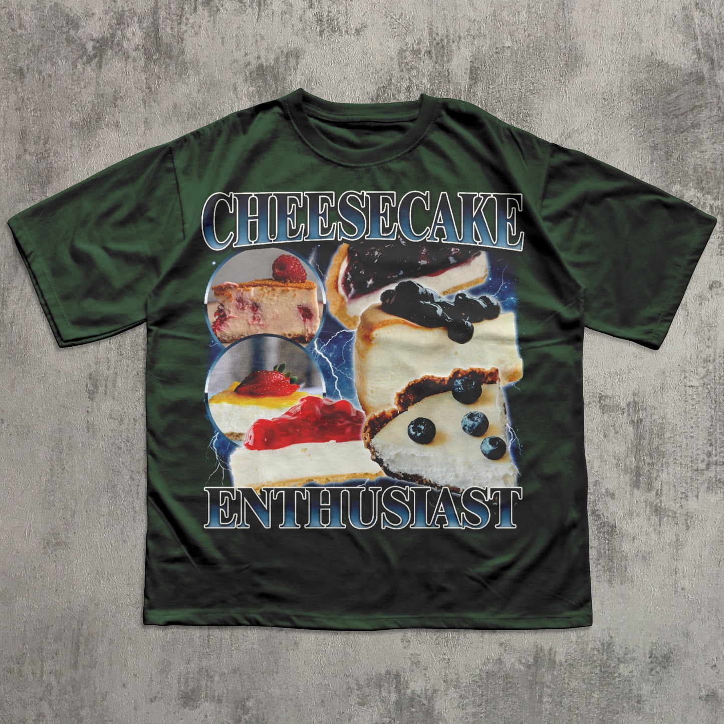 Green t-shirt with cheesecake graphic and text on a textured gray background