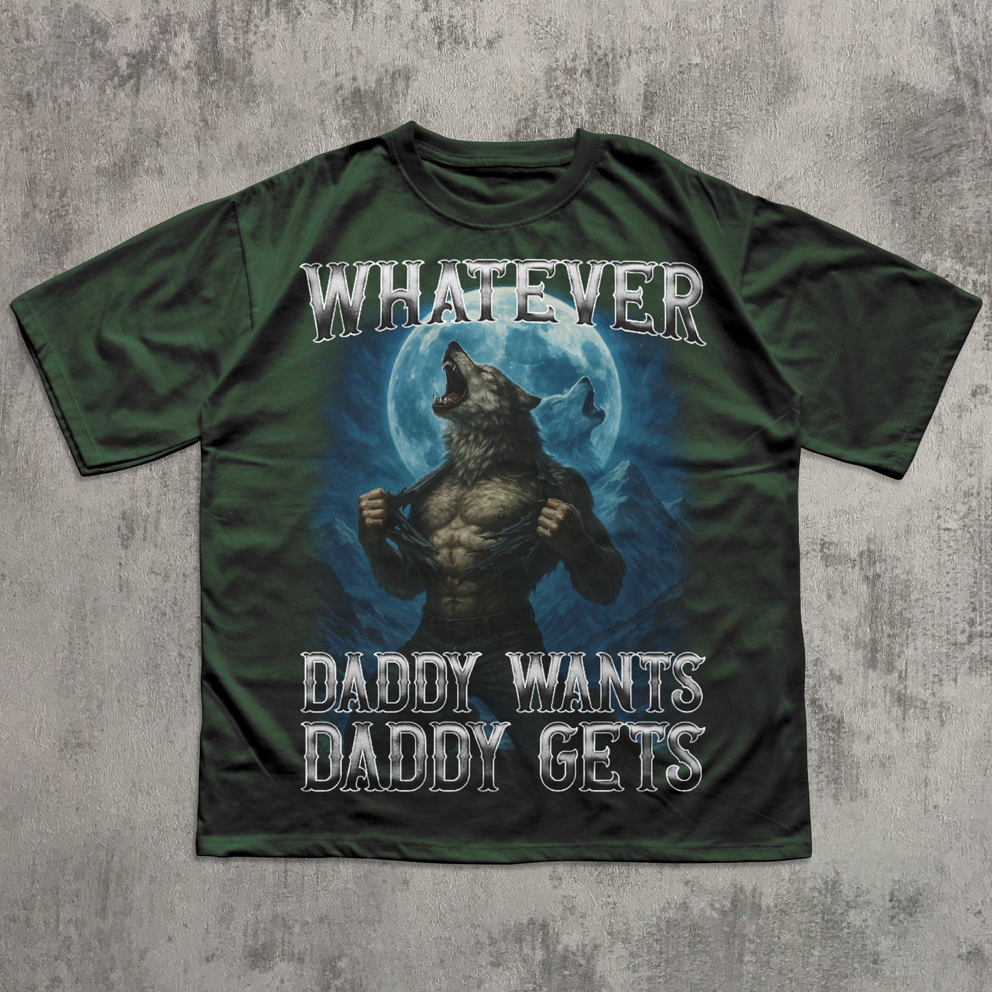 Green t-shirt with a graphic of a wolf and text on a concrete background