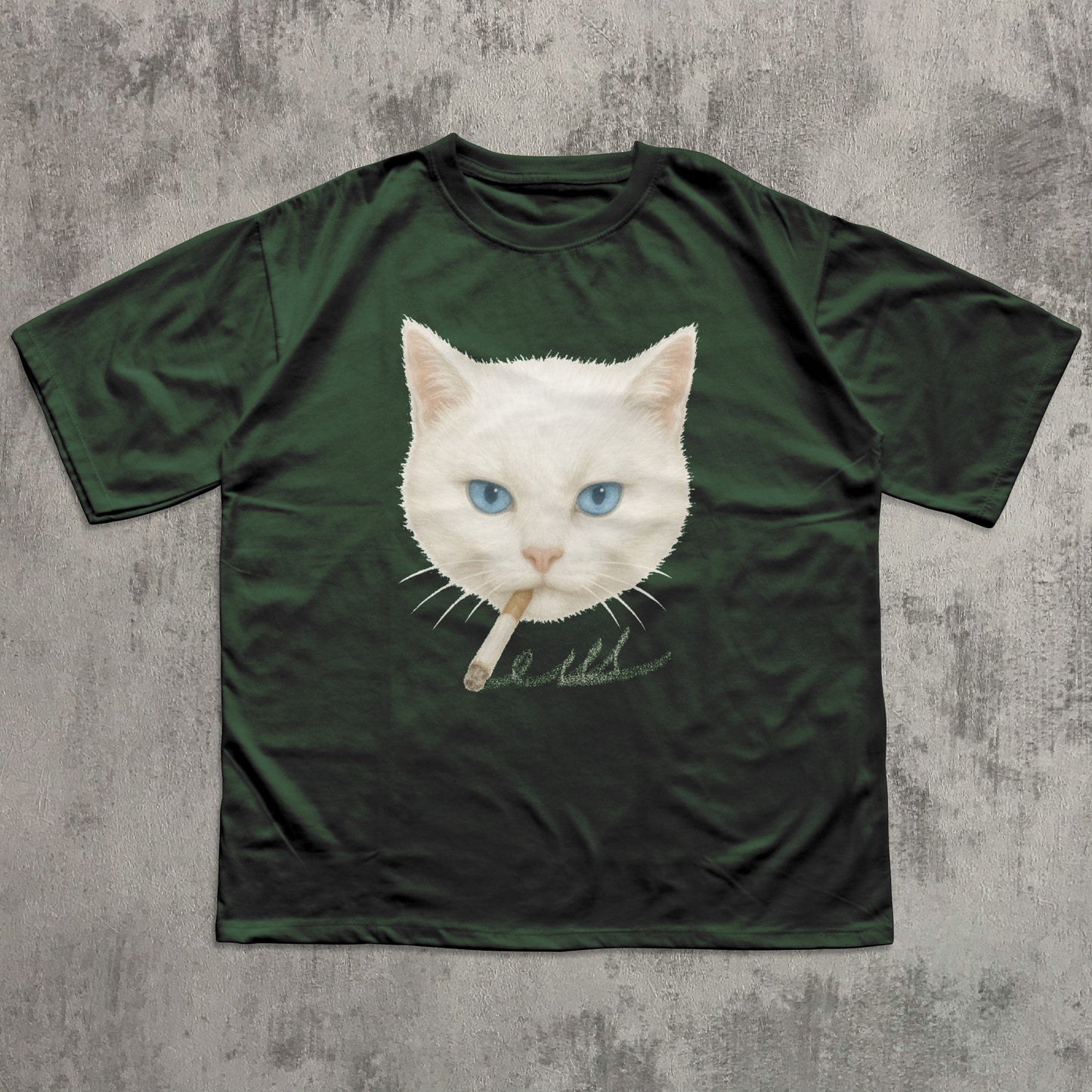 Green t-shirt with a graphic of a cat smoking a cigarette on a textured gray background