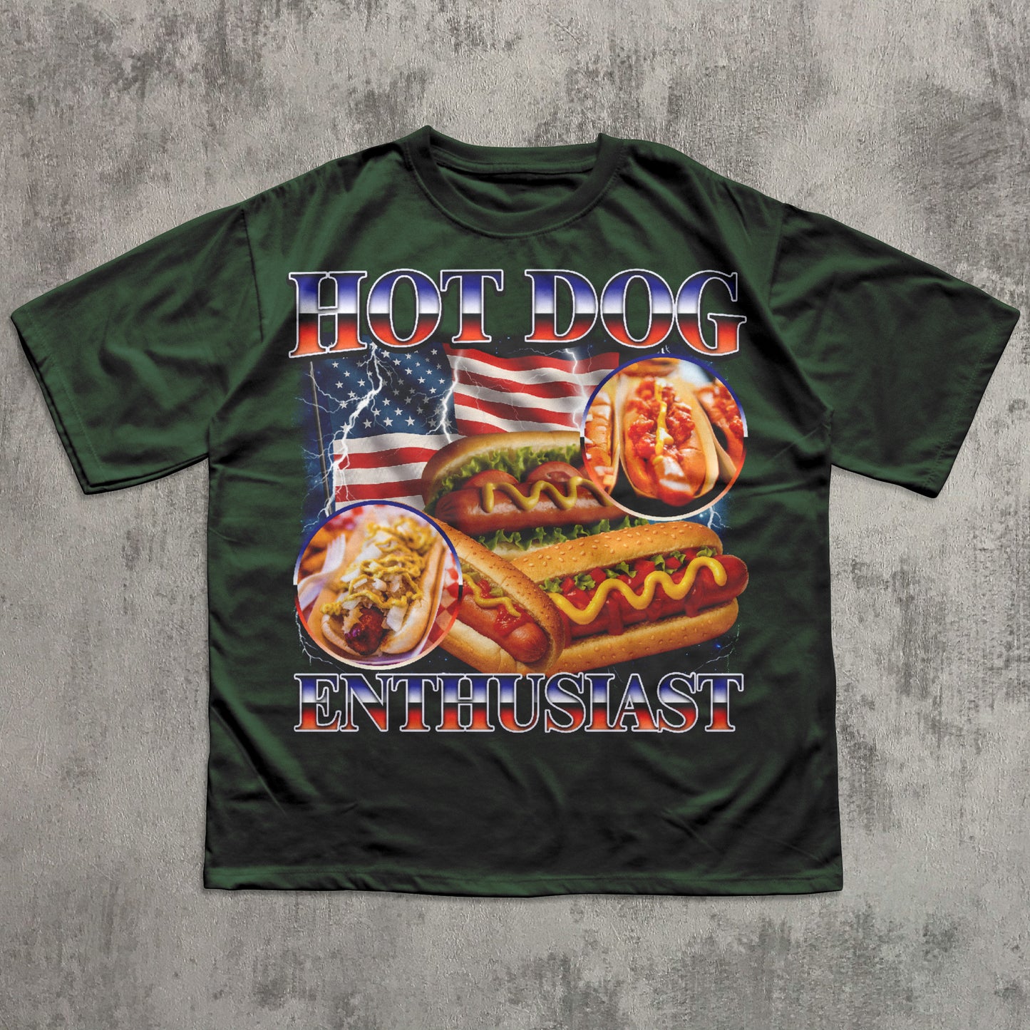 Green t-shirt with hot dog graphic and text on a textured gray background