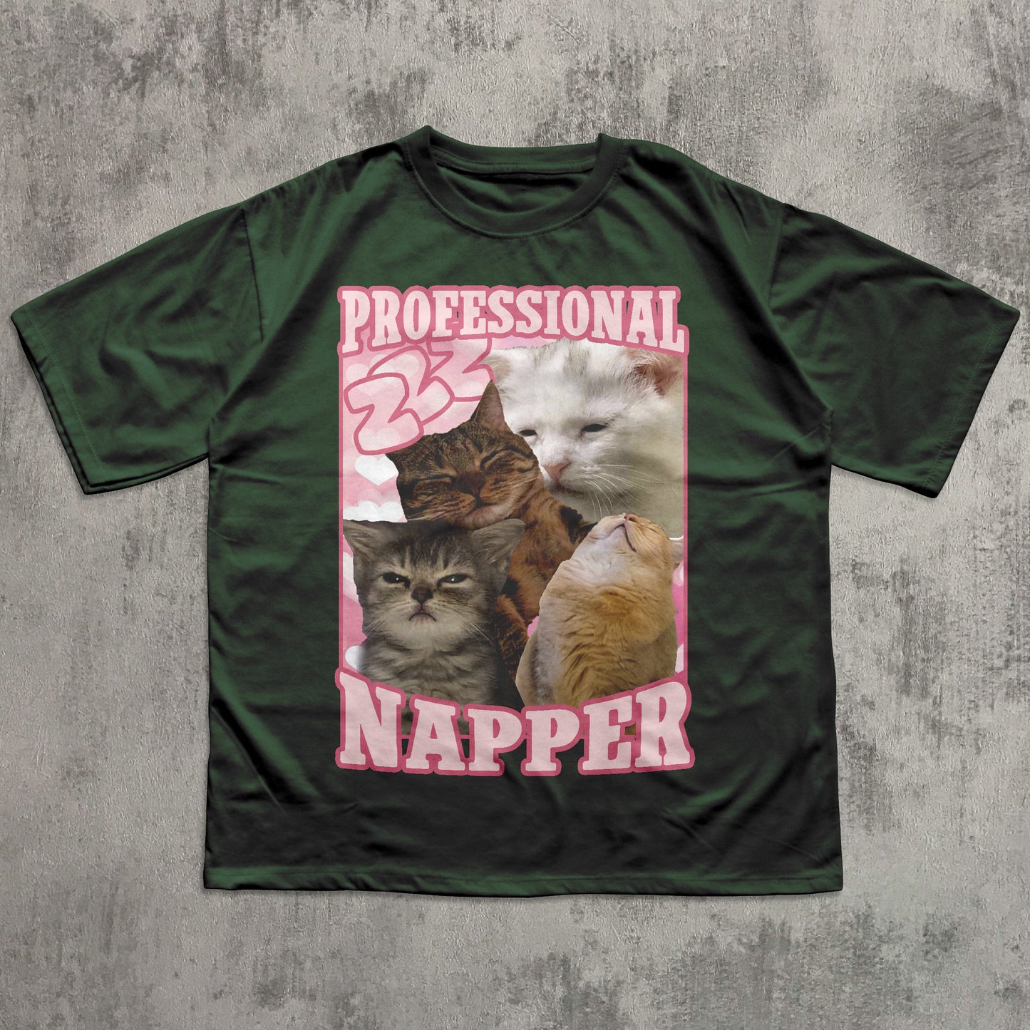 funny Green t-shirt with a graphic of cats and the text 'Professional Napper' on a textured gray background
