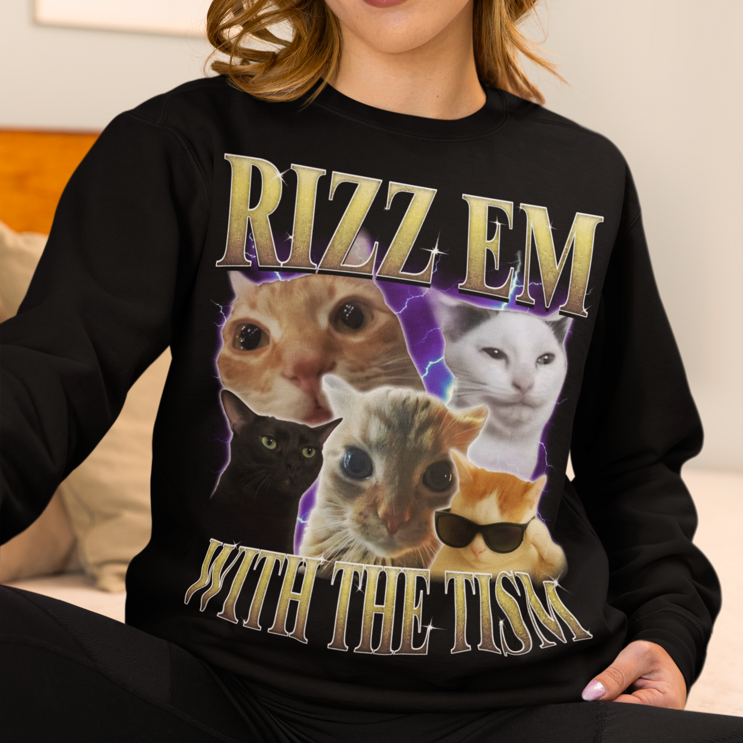 Rizz Em With The Tism Funny Cats Sweatshirt, Meme Sweater, Silly Cat Sweatshirts, Ugly Sweaters