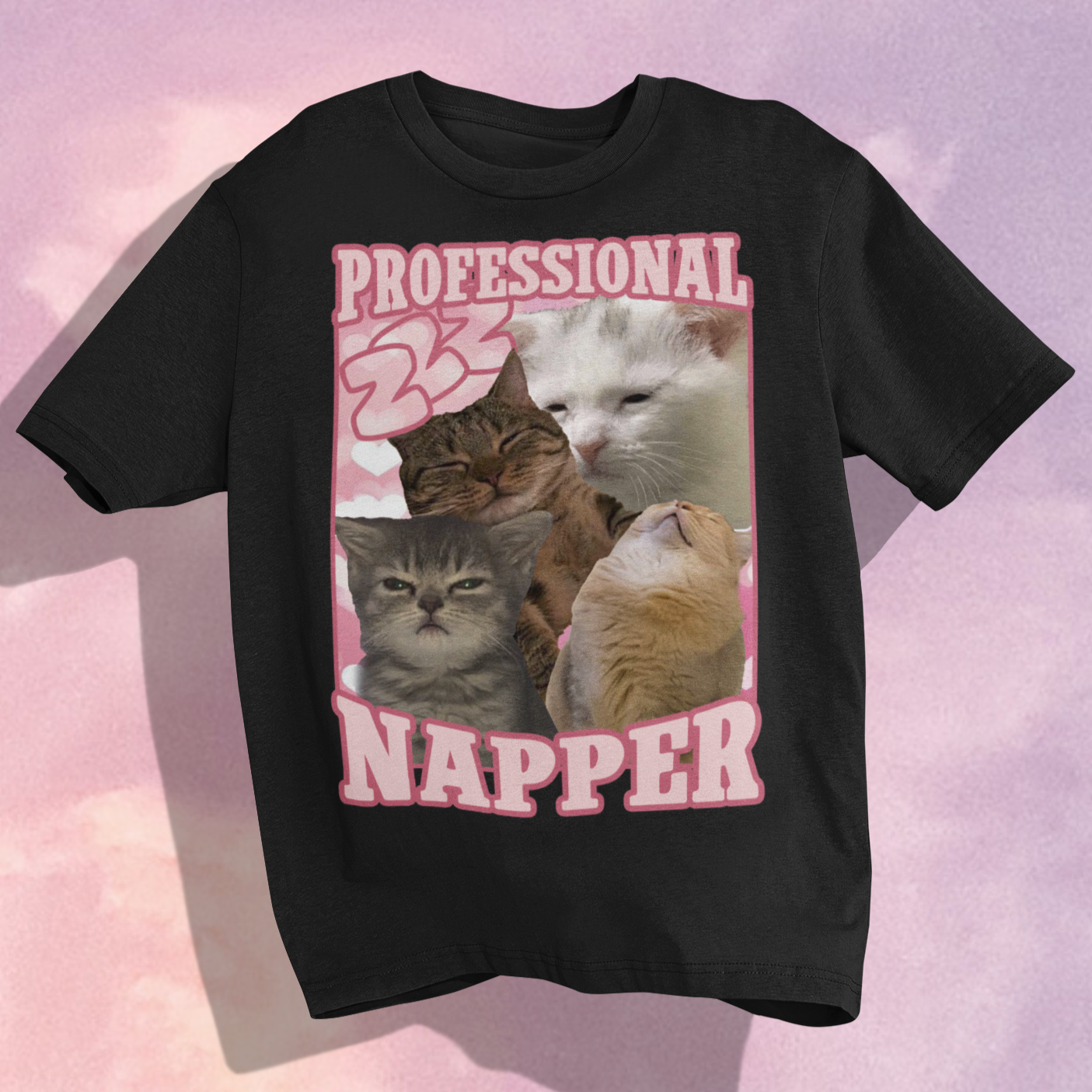 Funny Black t-shirt with cat graphic and 'Professional Napper' text on a pink and purple gradient background