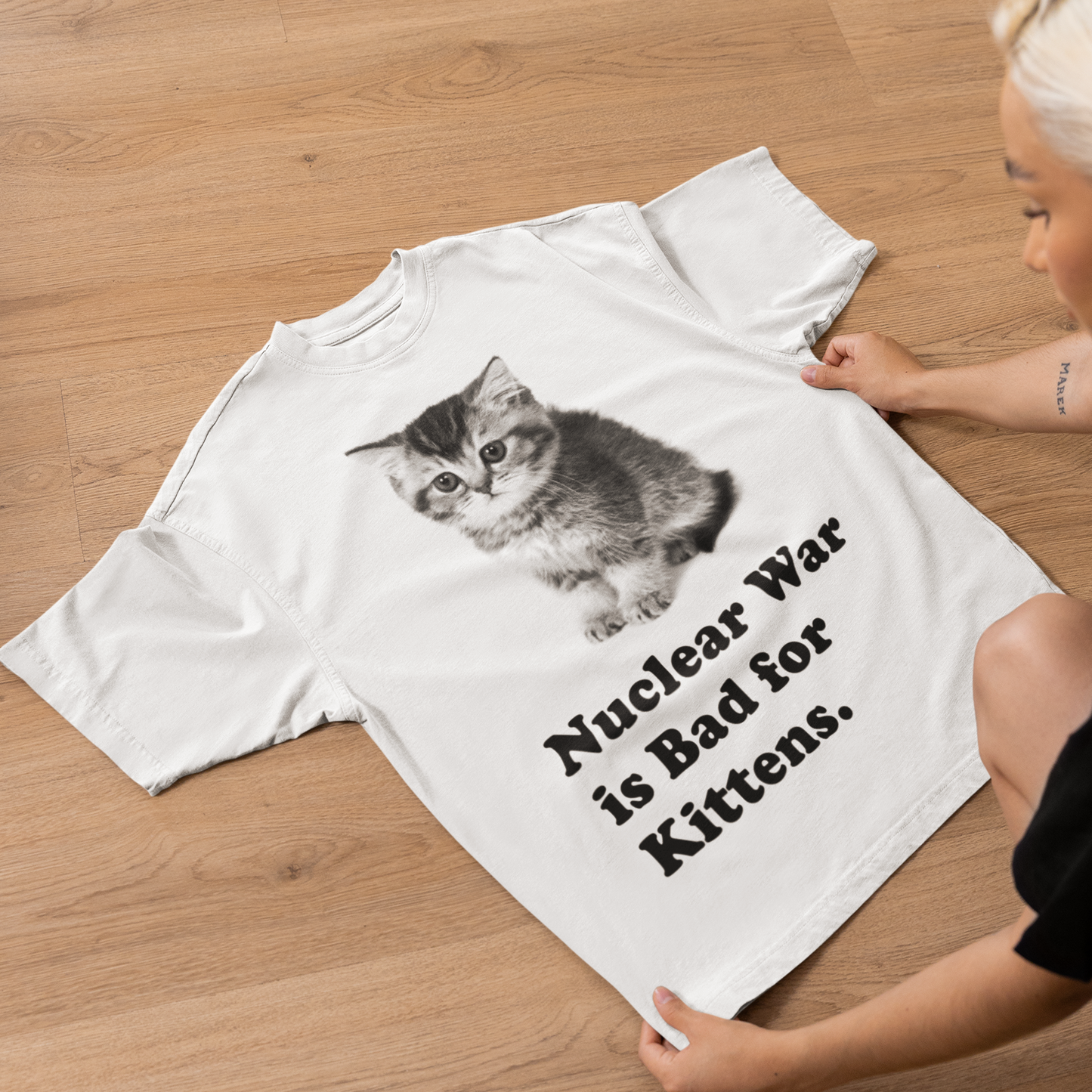 Nuclear War is Bad for Kittens Funny Cat Meme T-shirt, Silly Cats Shirt, Y2k Retro Kitten Tee