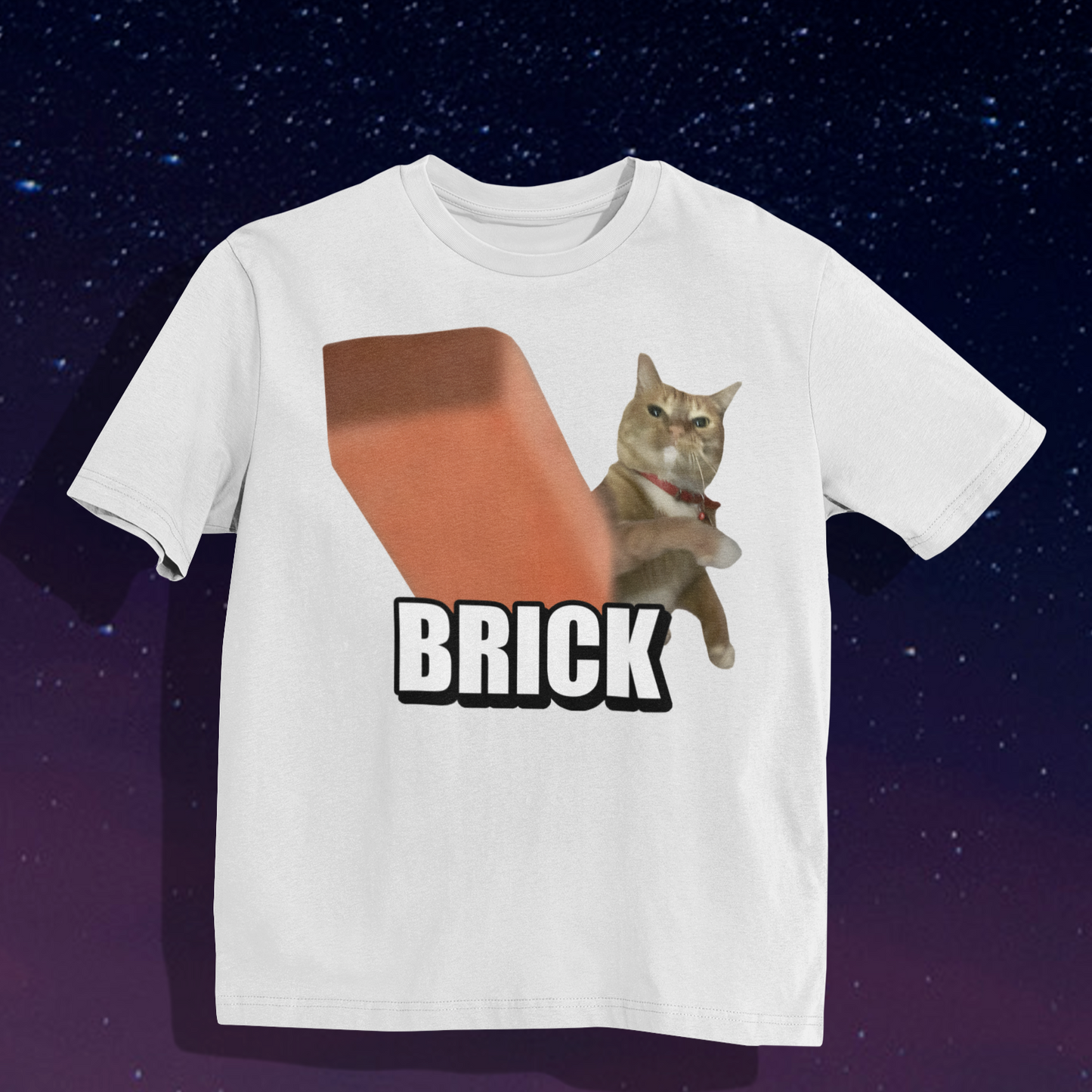 White t-shirt with a cat and 'BRICK' text design on a starry space background