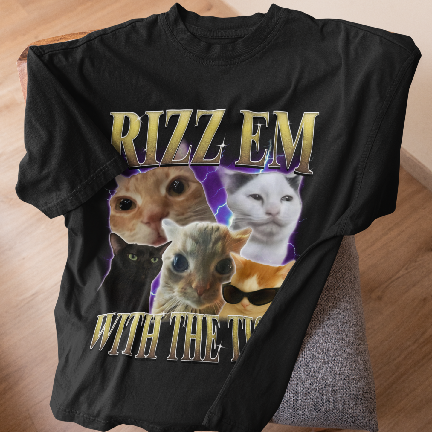 Rizz Em With The Tism Vintage Graphic Tee, Retro 90s Funny Cat Meme Shirt, Weird Shirts