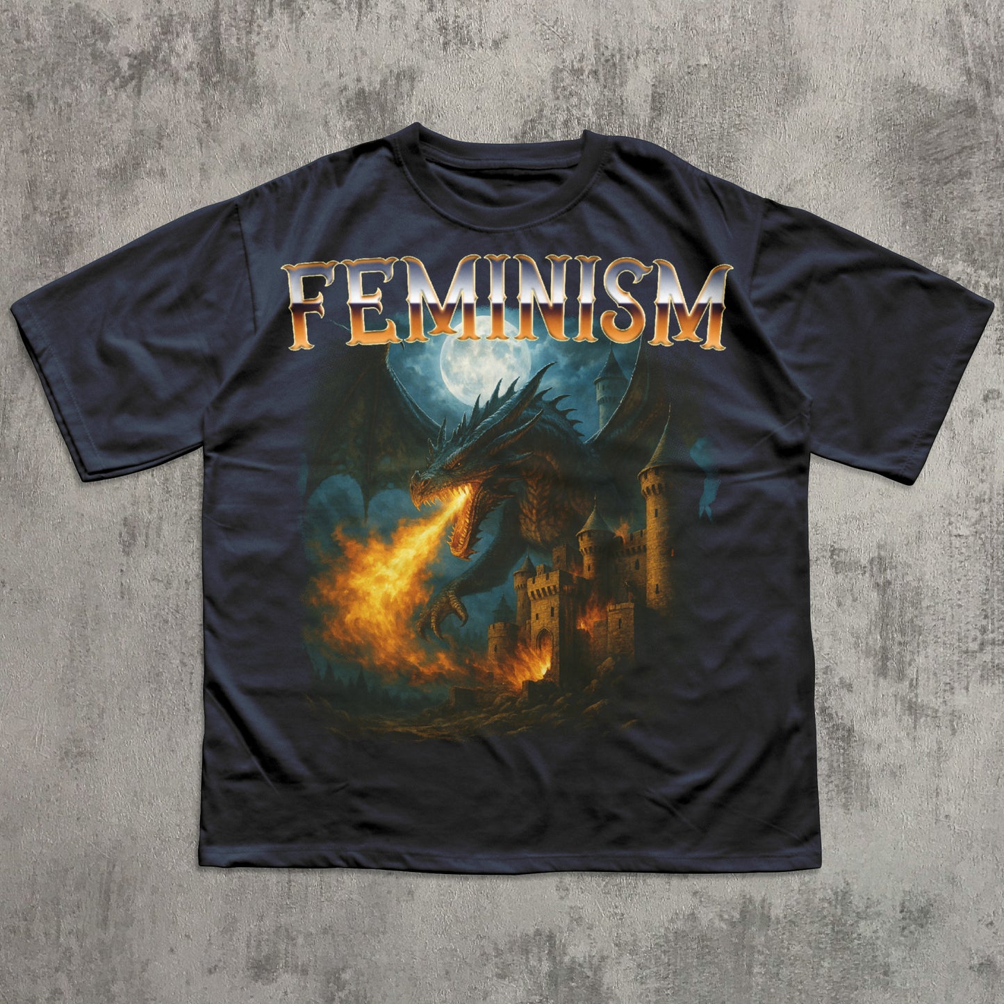Black t-shirt with 'Feminism' text and dragon graphic on a textured gray background