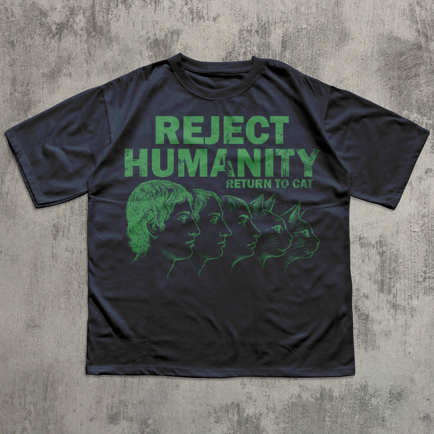 Black t-shirt with green graphic design and text on a textured gray background