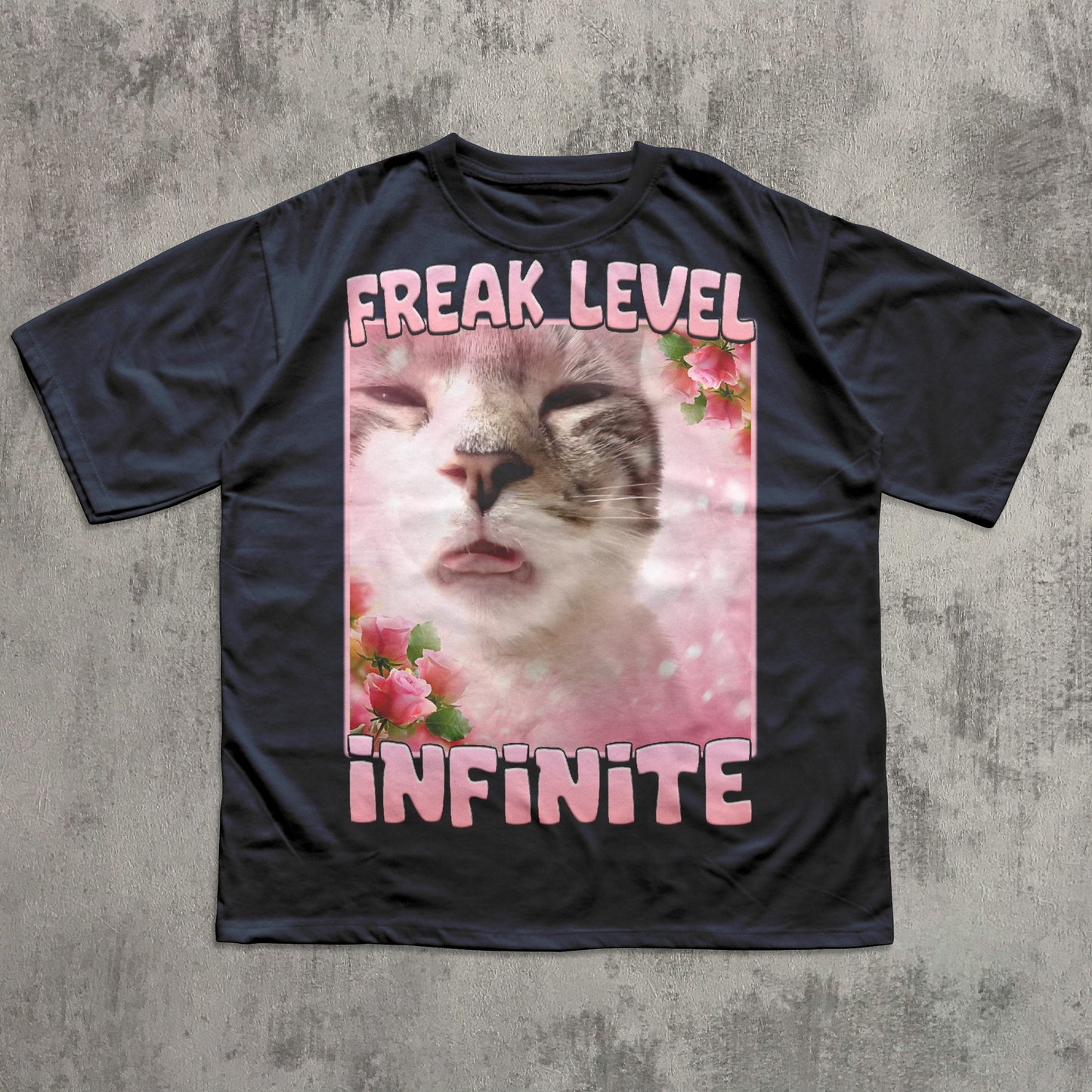 Funny Navy t-shirt with a cat graphic and text 'Freak Level Infinite' on a textured gray background