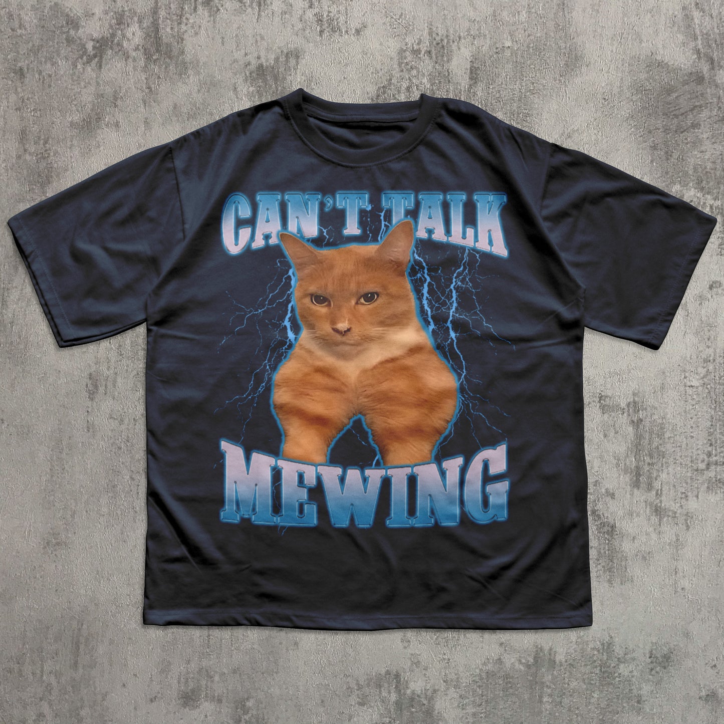 funny Navy t-shirt with a cat graphic and text 'CAN'T TALK MEOWING' on a textured gray background