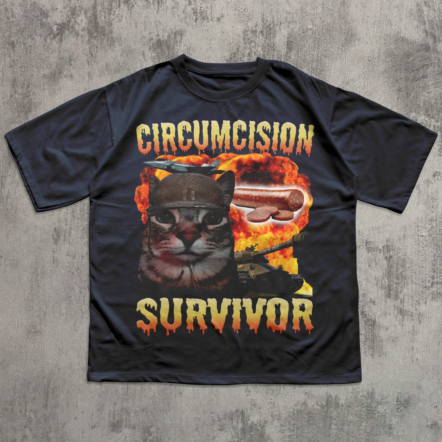 Black t-shirt with graphic design of a cat and text on a textured gray background