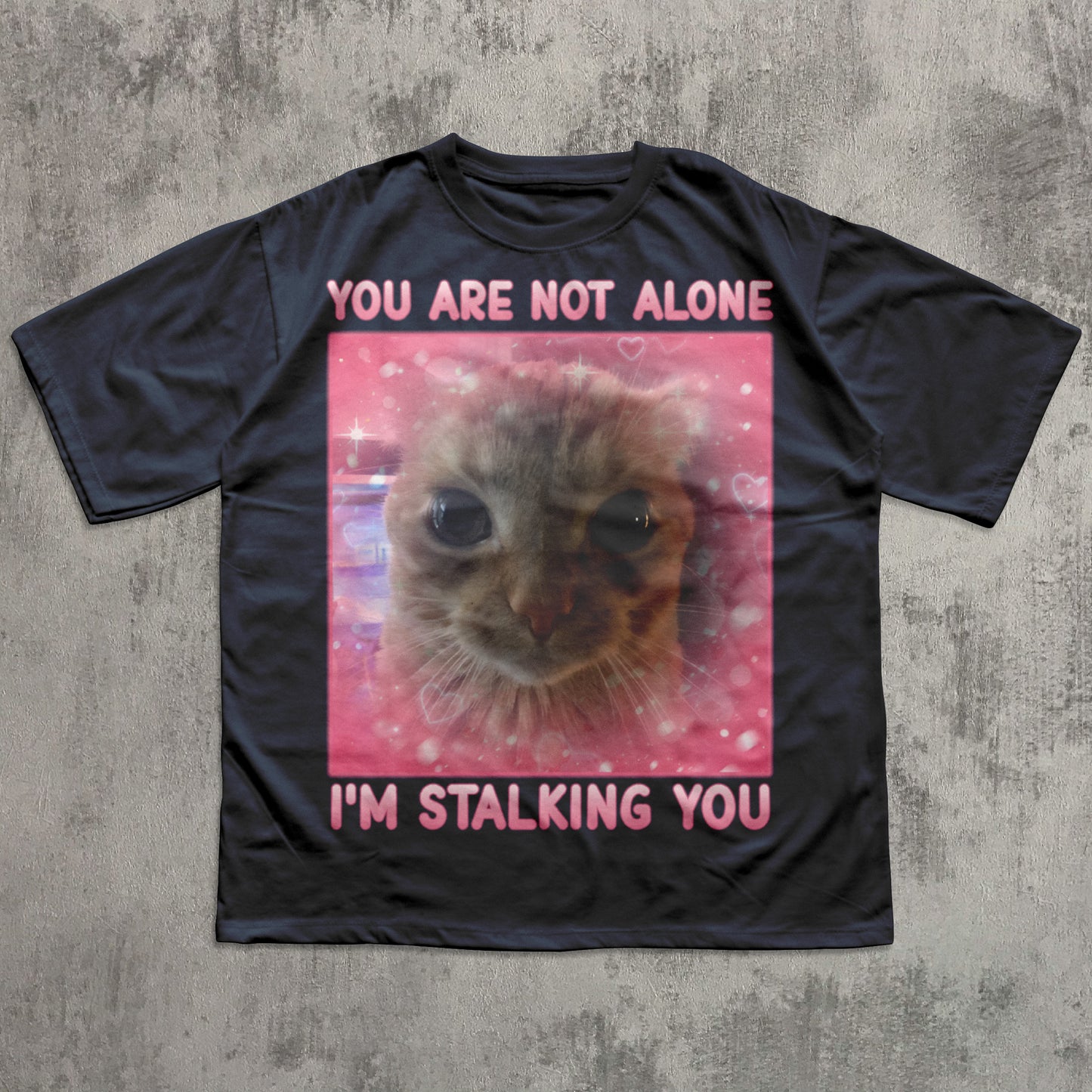 Funny navy t-shirt with a cat graphic and text on a textured gray background