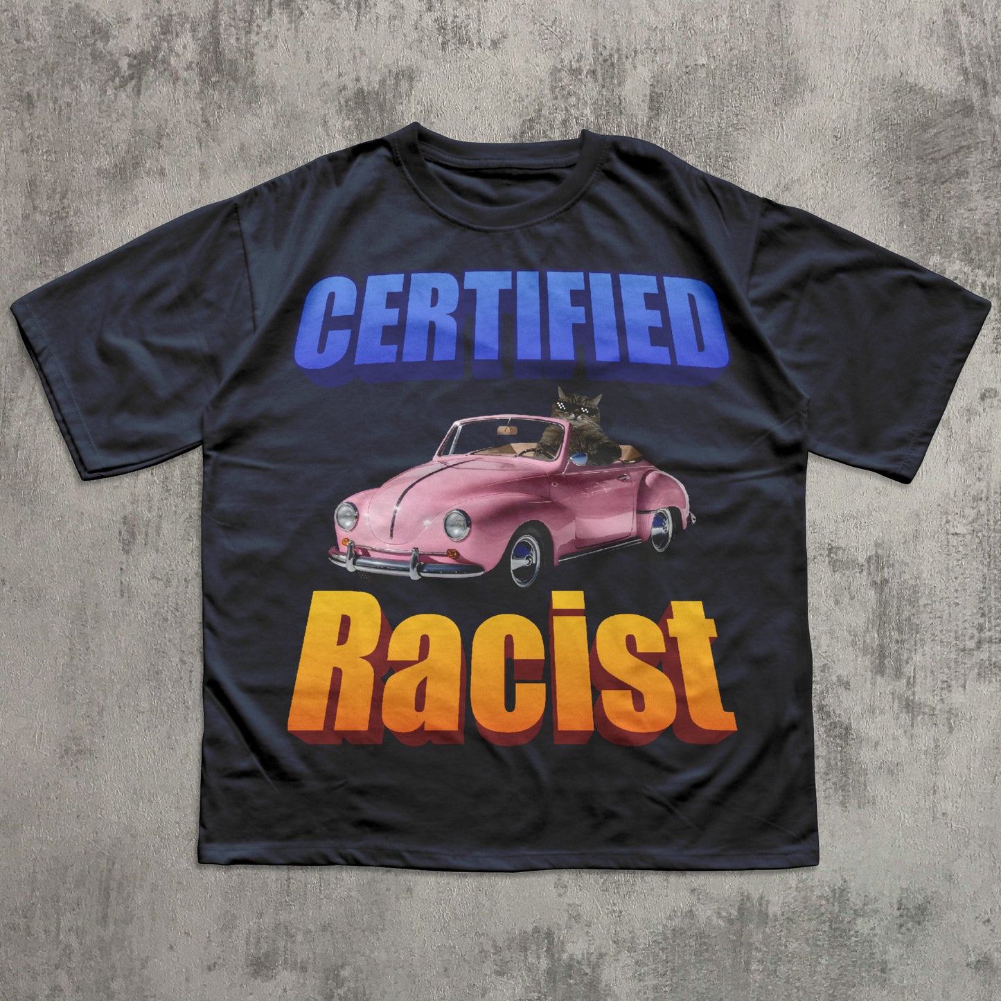 Navy funny cat meme t-shirt with a graphic of a pink car and text on a concrete surface