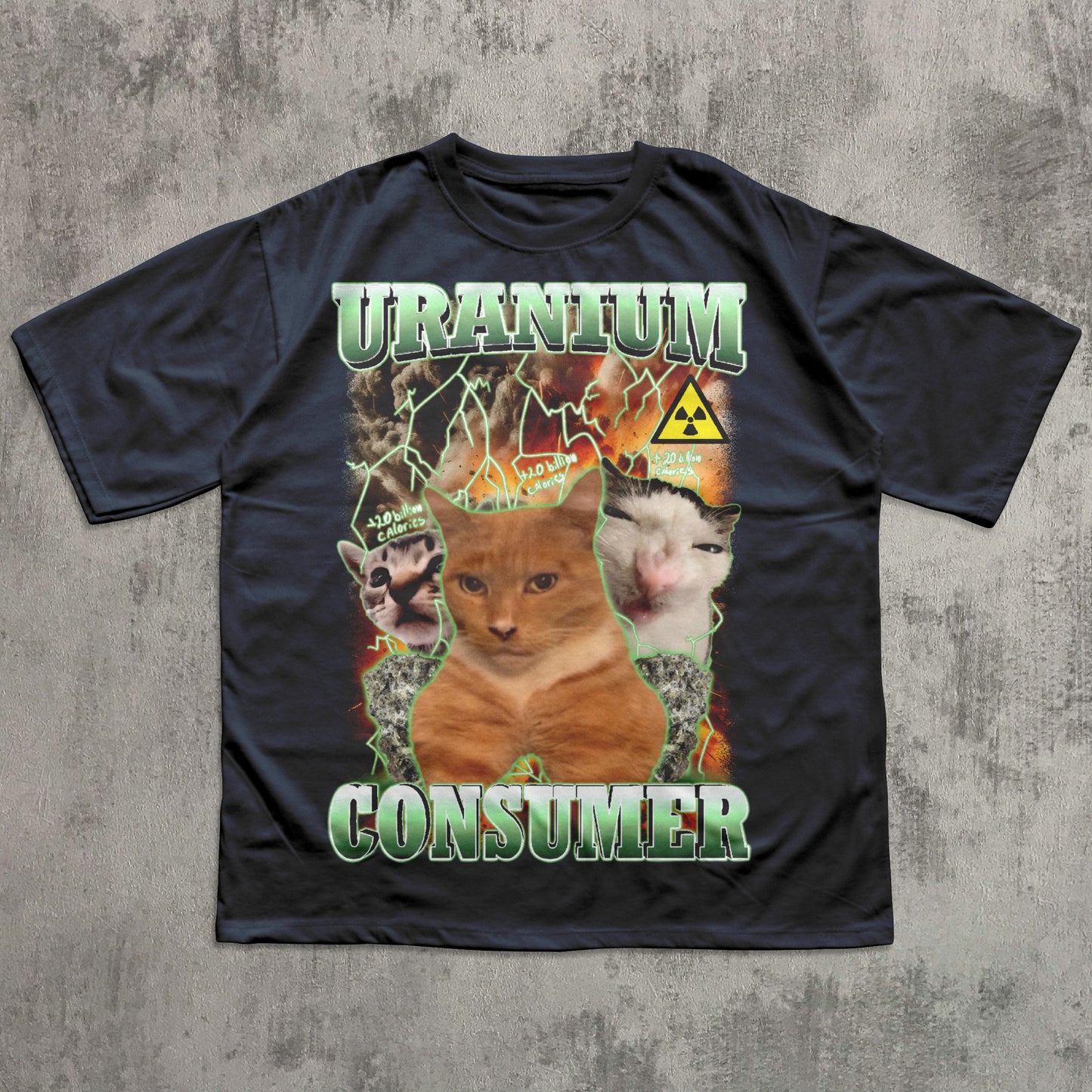 Black t-shirt with a graphic design featuring animals and text on a concrete surface