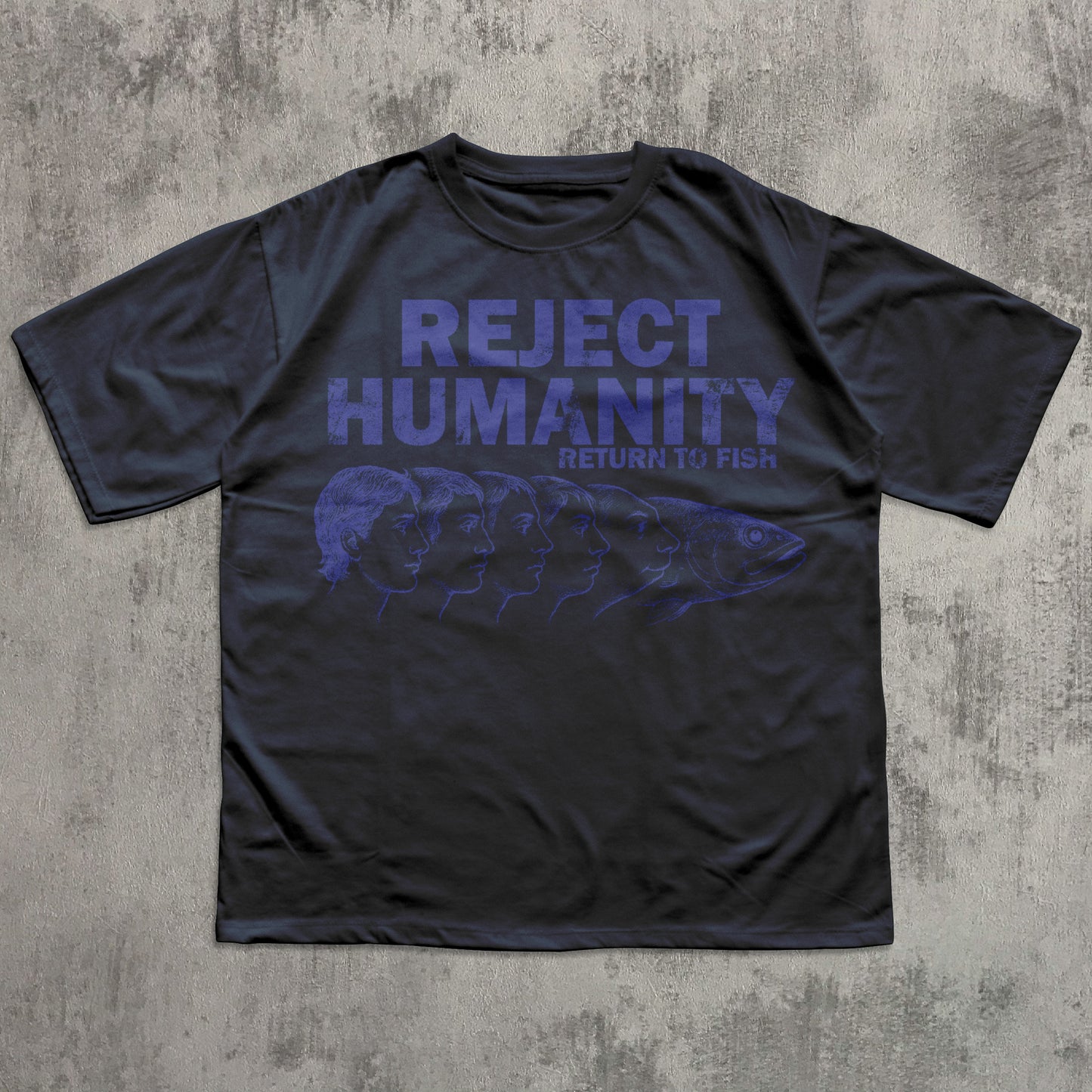 Navy t-shirt with blue graphic and text on a textured gray background