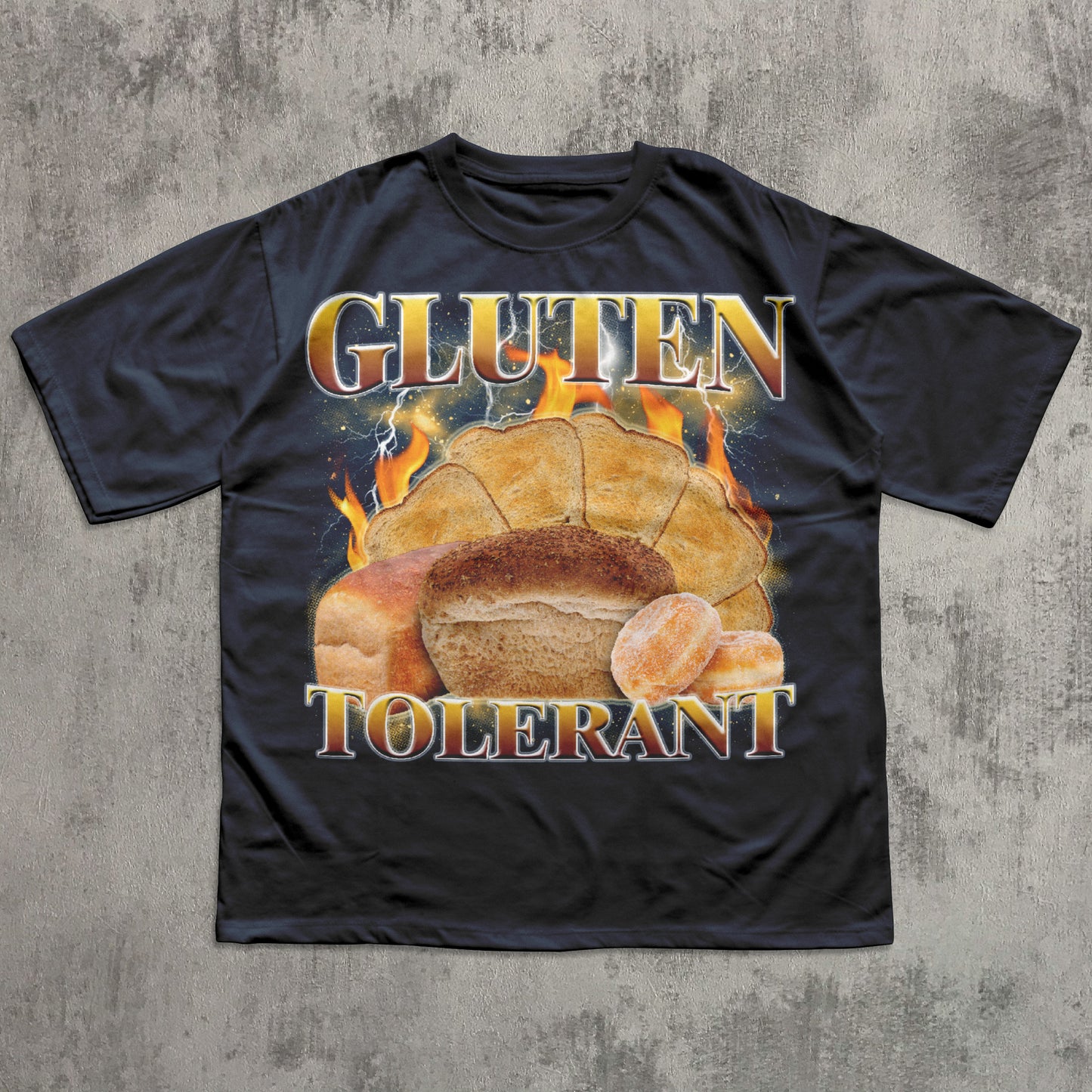 Funny Black t-shirt with bread graphic and 'GLUTEN TOLERANT' text on a textured gray background