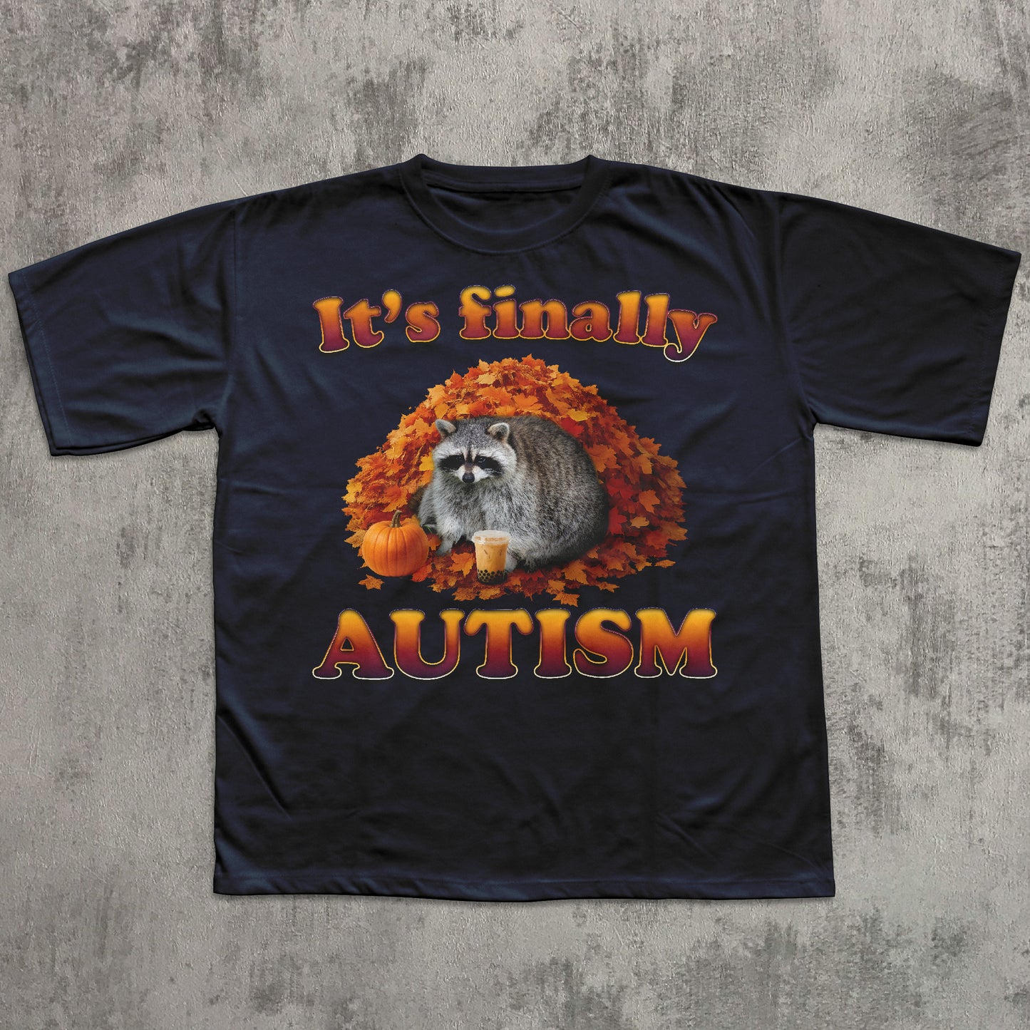Black t-shirt with a raccoon graphic and text on a textured gray background