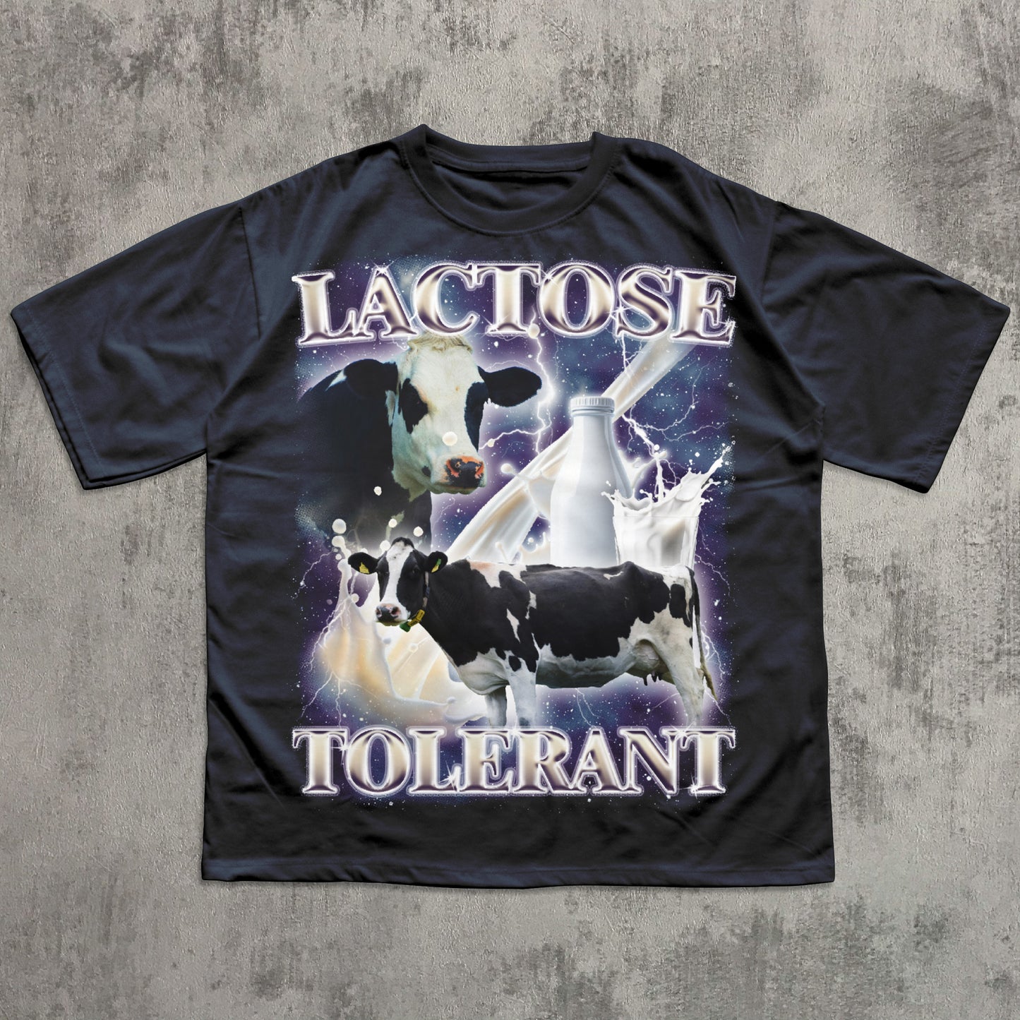 Funny Navy t-shirt with cow graphic and 'LACTOSE TOLERANT' text on a textured gray background
