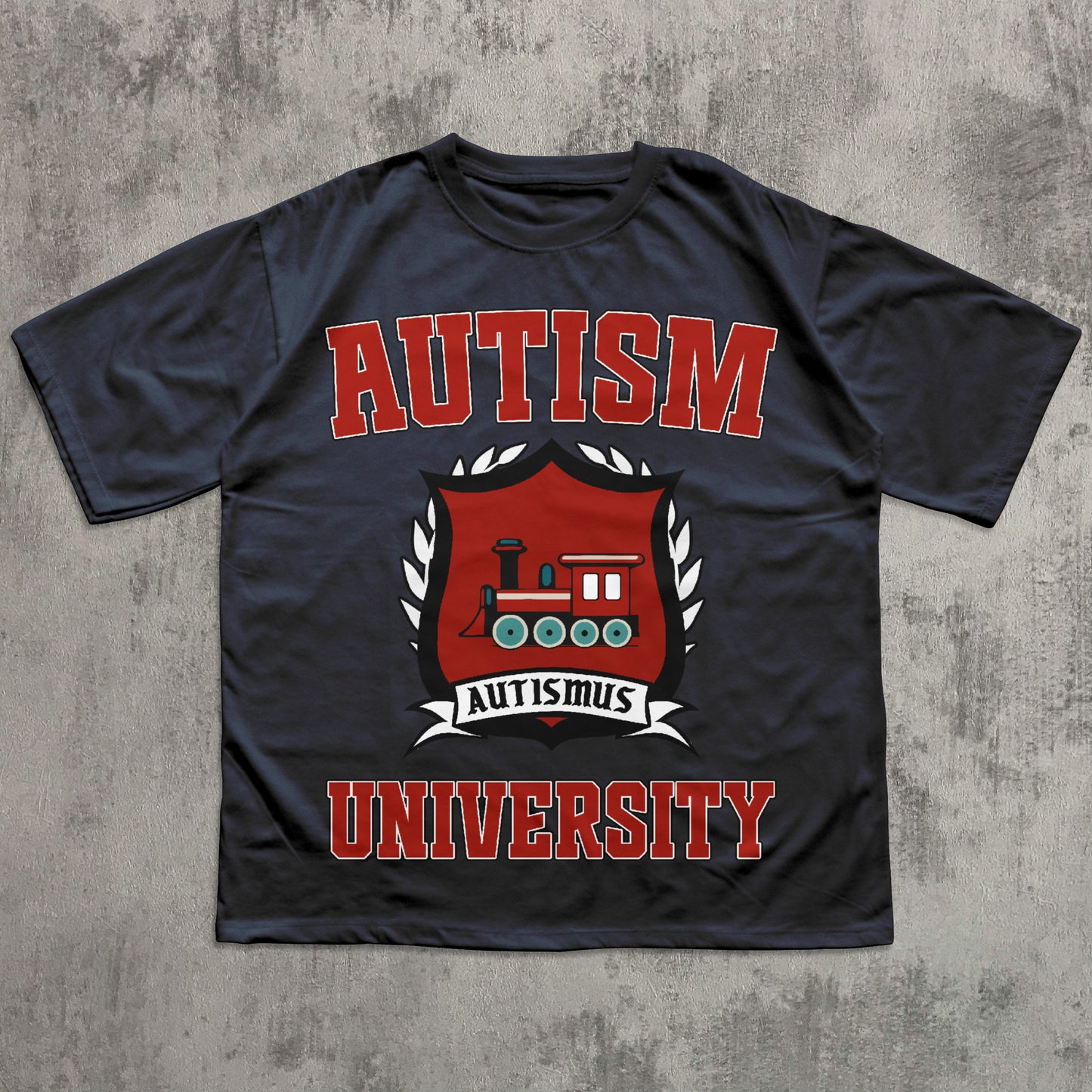 Black t-shirt with 'Autism University' text and emblem on a textured gray background