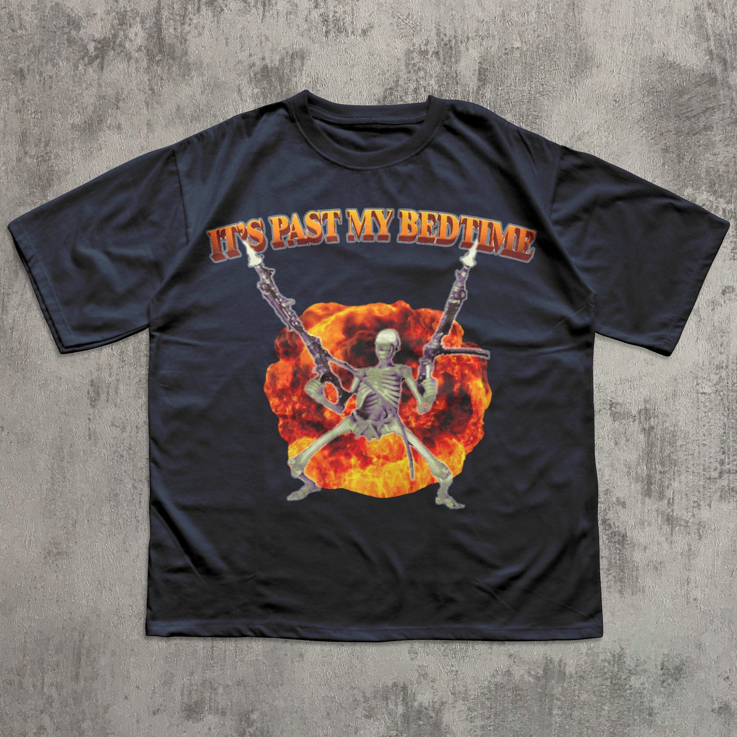 Funny Black t-shirt with skeleton design and 'It's Past My Bedtime' text on a textured gray background