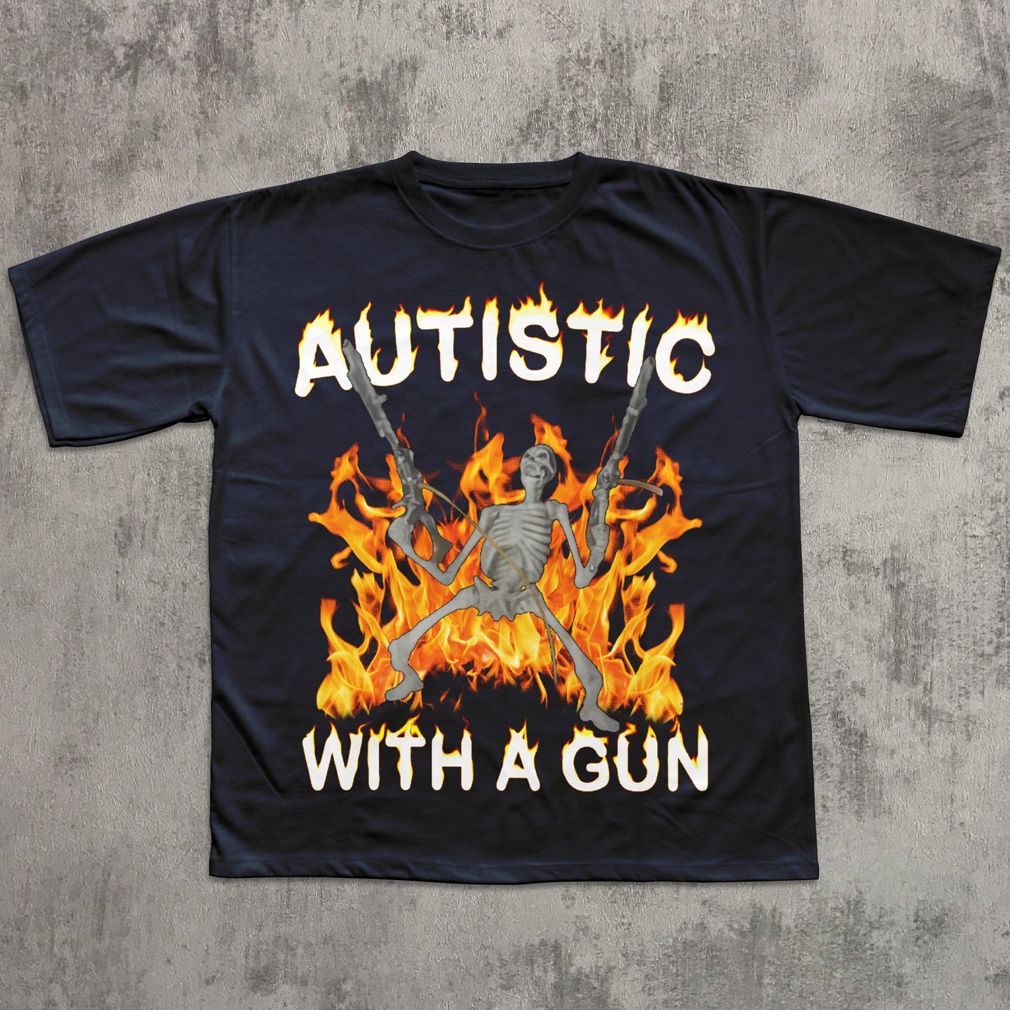 Black t-shirt with graphic design and text 'Autistic with a Gun' on a textured gray background