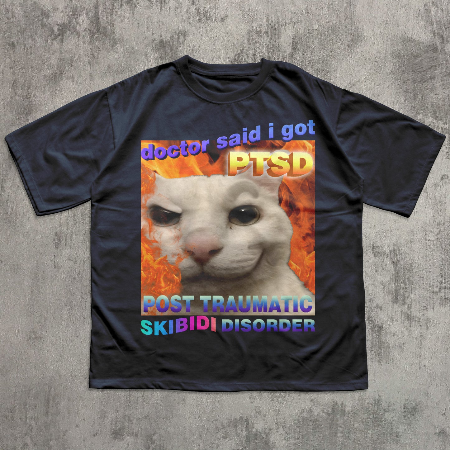 funny skibidi Navy t-shirt with a graphic of a cat and text on a textured gray background