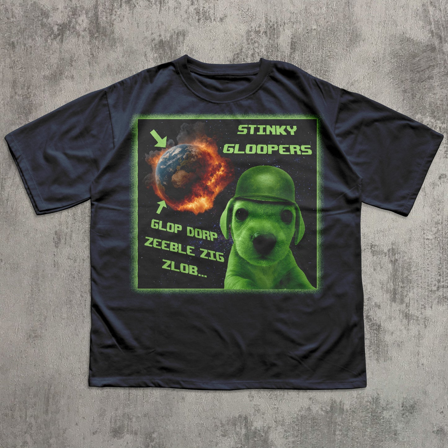 Black funny t-shirt with a green graphic of a dog in a helmet and text on a concrete background