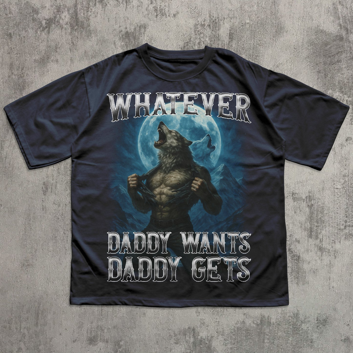 Black t-shirt with a graphic of a wolf and text on a concrete background
