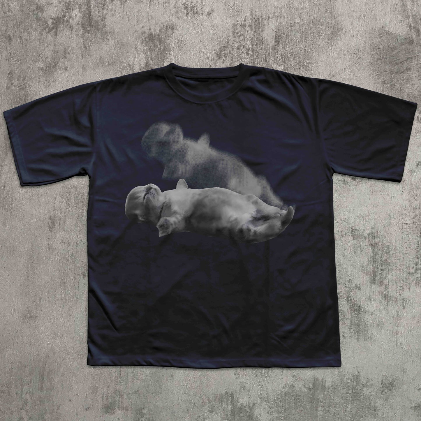 Black t-shirt with a graphic of two bears on a textured gray background