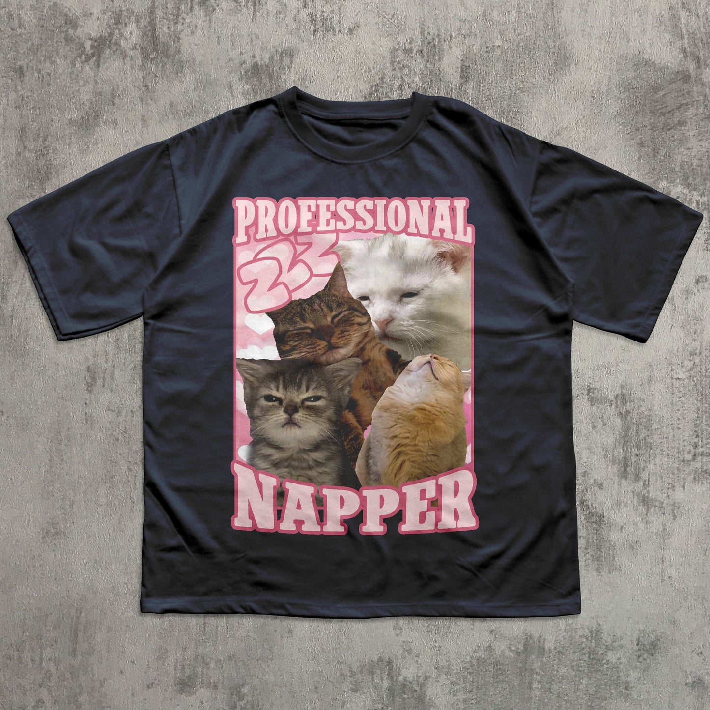 Funny Black t-shirt with a graphic of cats and 'Professional Napper' text on a textured gray background