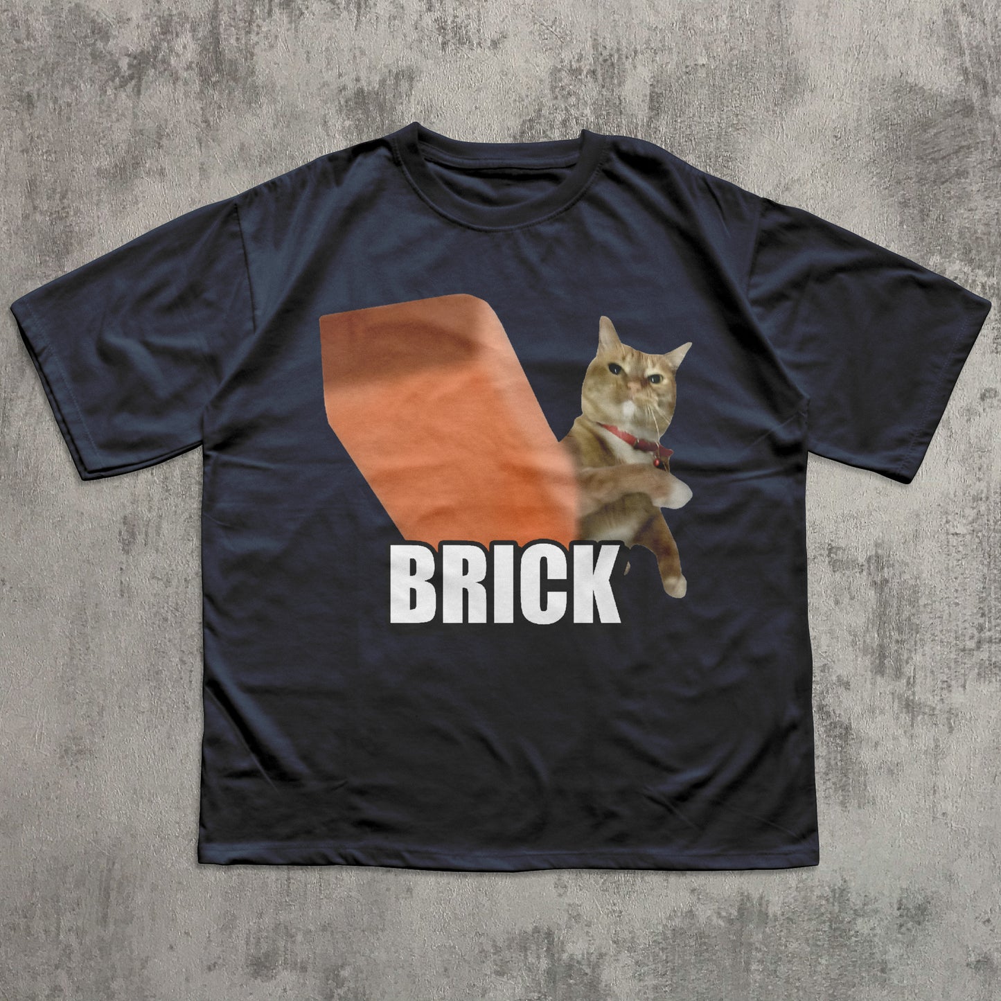 Black t-shirt with a cat graphic and 'BRICK' text on a textured gray background