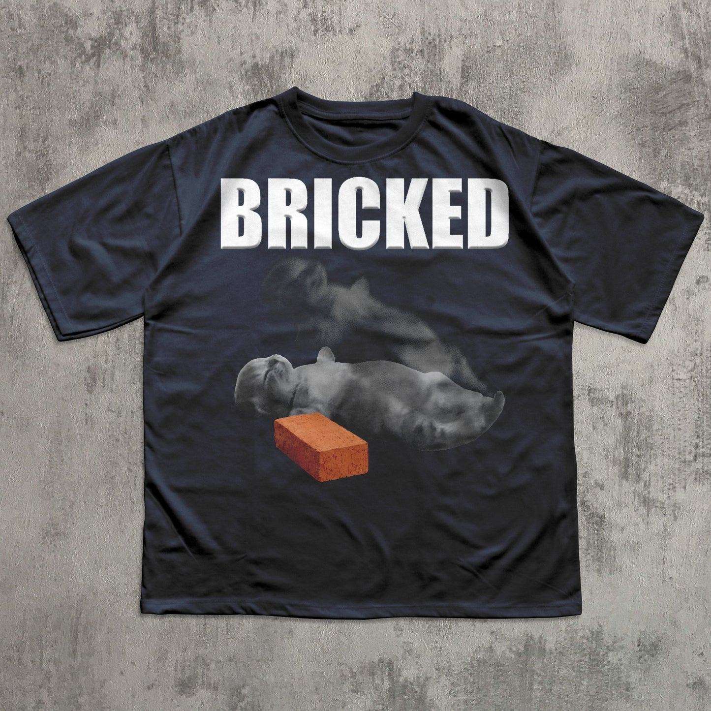 Black t-shirt with 'BRICKED' text and graphic of a Cat with a brick on a concrete background