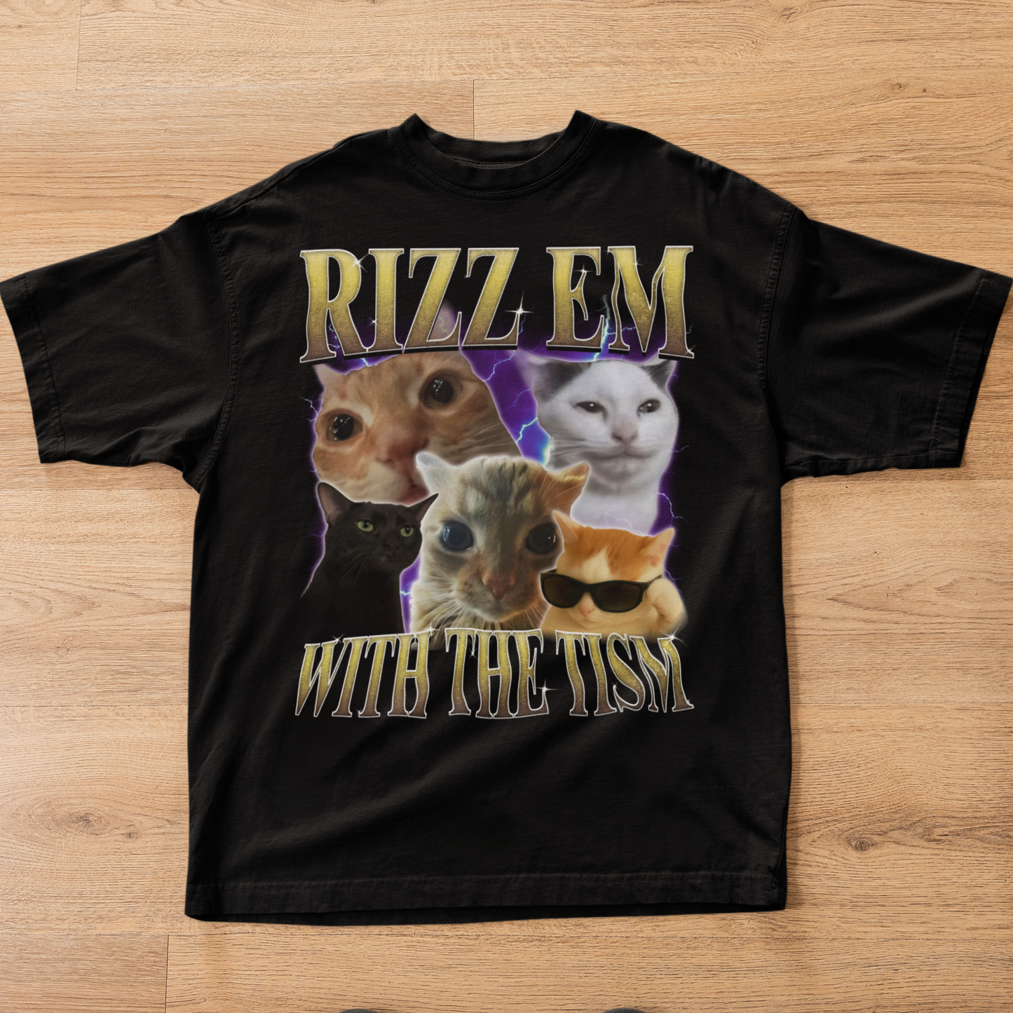 Rizz Em With The Tism Vintage Graphic Tee, Retro 90s Funny Cat Meme Shirt, Weird Shirts