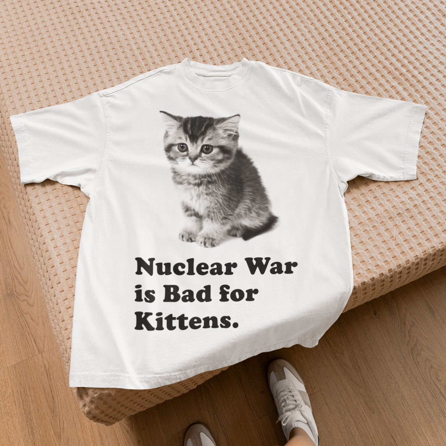 Nuclear War is Bad for Kittens Funny Cat Meme T-shirt, Silly Cats Shirt, Y2k Retro Kitten Tee